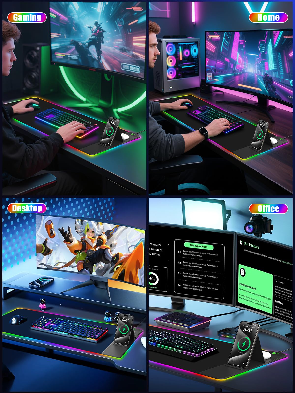 Mouse Pad with Foldable Phone Holder & Wireless Charger, XXL RGB Gaming Mousepad 31.5"x15.8" Large Desk Mat for Keyboard, Black Desk Pad with Dual Qi Charging Station | 11 Colors 5 Modes | Waterproof