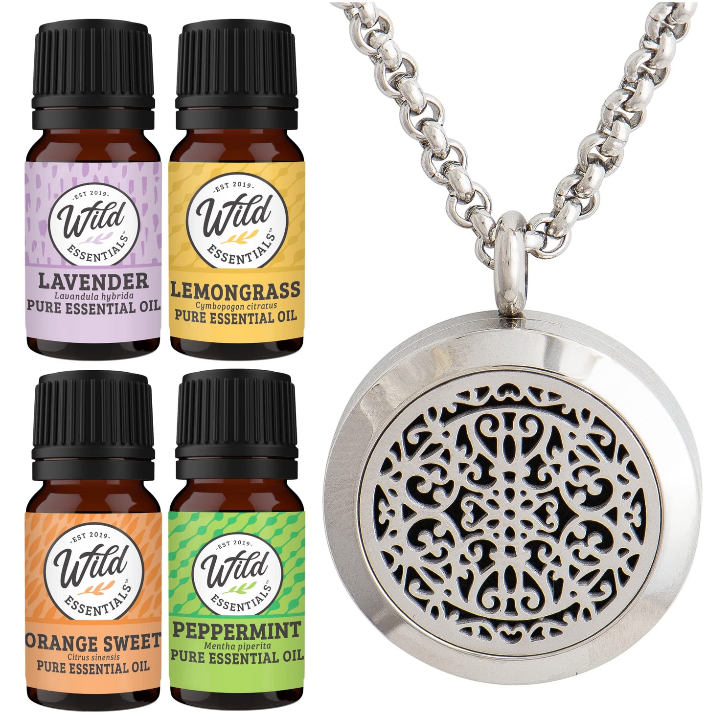 Wild Essentials Wrought Iron Necklace Essential Oil Diffuser Kit With Lavender, Lemongrass, Peppermint, Orange Oils, 12 Refill Pads, Calming Aromatherapy Gift Set, Customizable Color Changing, Perfume