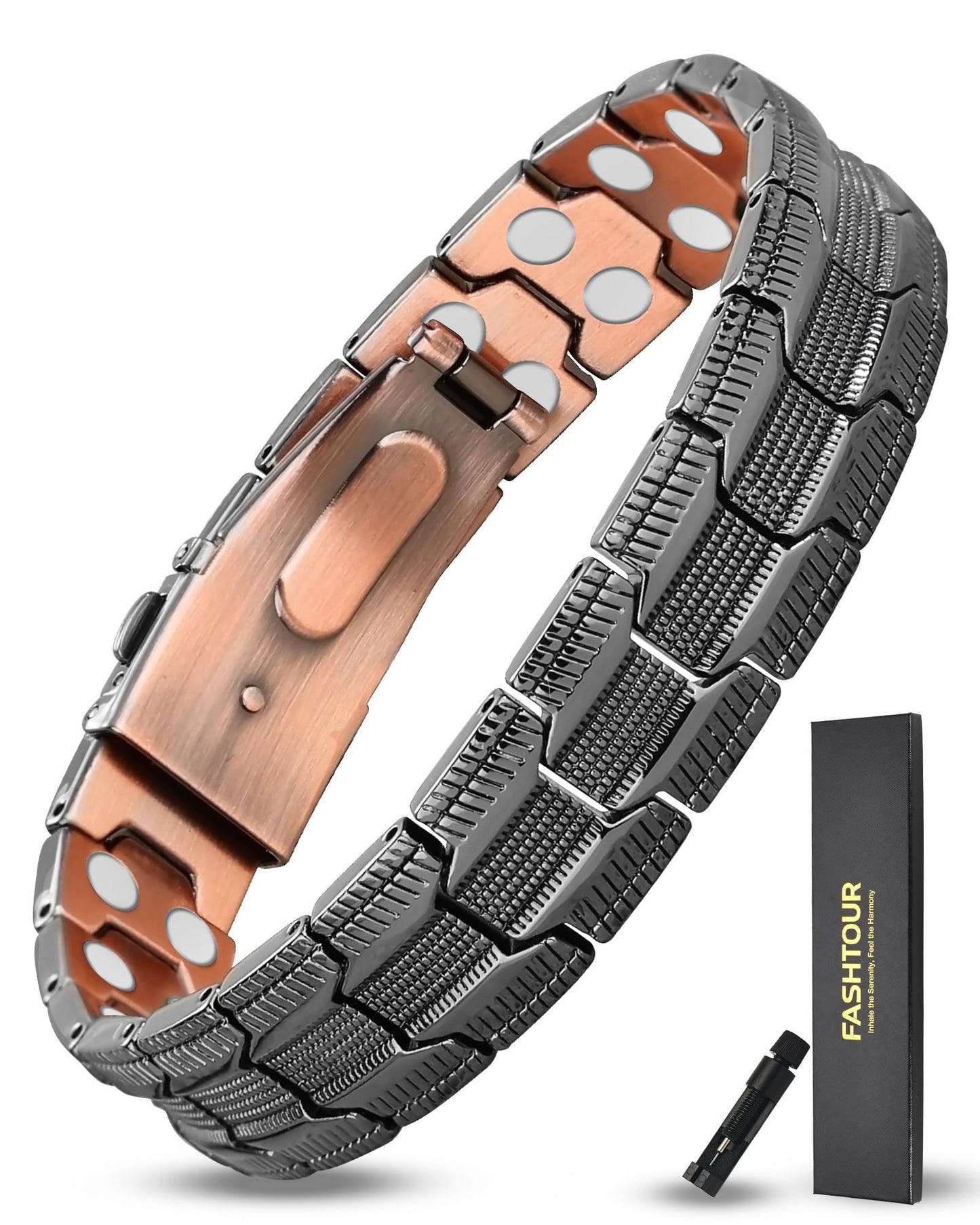 Fashtour Copper Bracelet for Men, 2X Strength 99.99% Pure Copper Magnetic Bracelet with Magnets, Butterfly Clasp Design, Adjustable Length with Sizing Tool (Black)