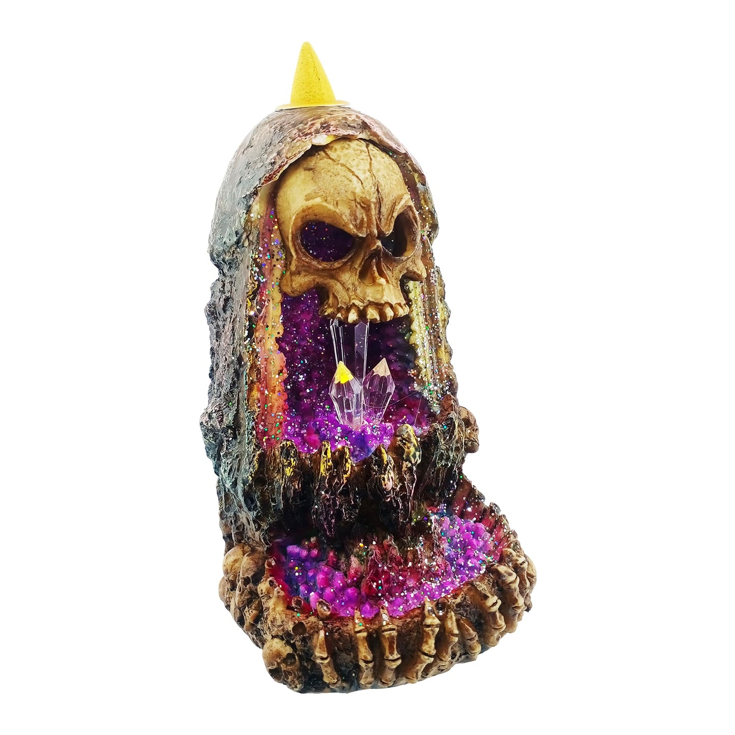 Fantasy Gifts Geode Skull Backflow Burner with LED – 6.5 Inch Crystal Waterfall Décor Accent | Mystical Skull Tabletop Decoration for Meditation, Gothic & Fantasy Home Décor