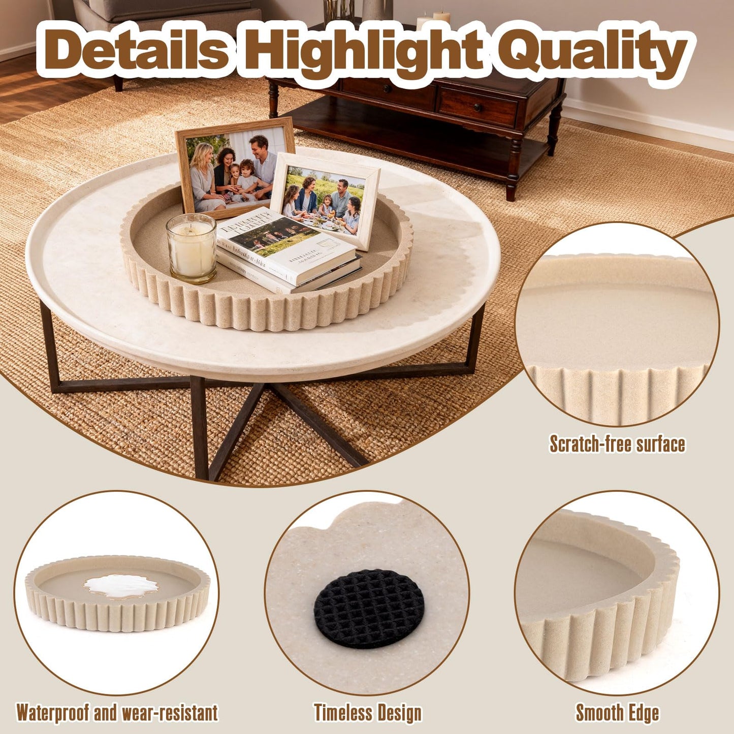 Handmade Fluted Decorative Tray - 11 Inch Round Coffee Table Centerpiece & Serving Tray for Kitchen Island, Vanity, Ideal as a Perfume Tray or Elegant Wedding Gift (Gray, 11 in)