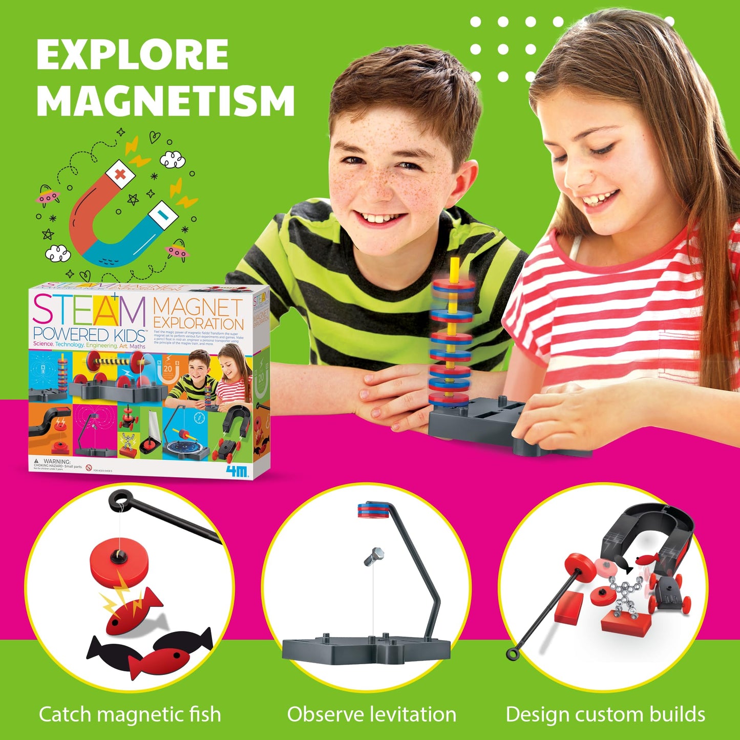 4M - STEAM Magnet Exploration - Hands-On Science Kit with Magnetic Toys Experiments for Kids Ages 5+ - Includes Magnet Toys Wand, U-Shaped Magnet, More - Educational STEM Toy GIF, Magnet Science Kit