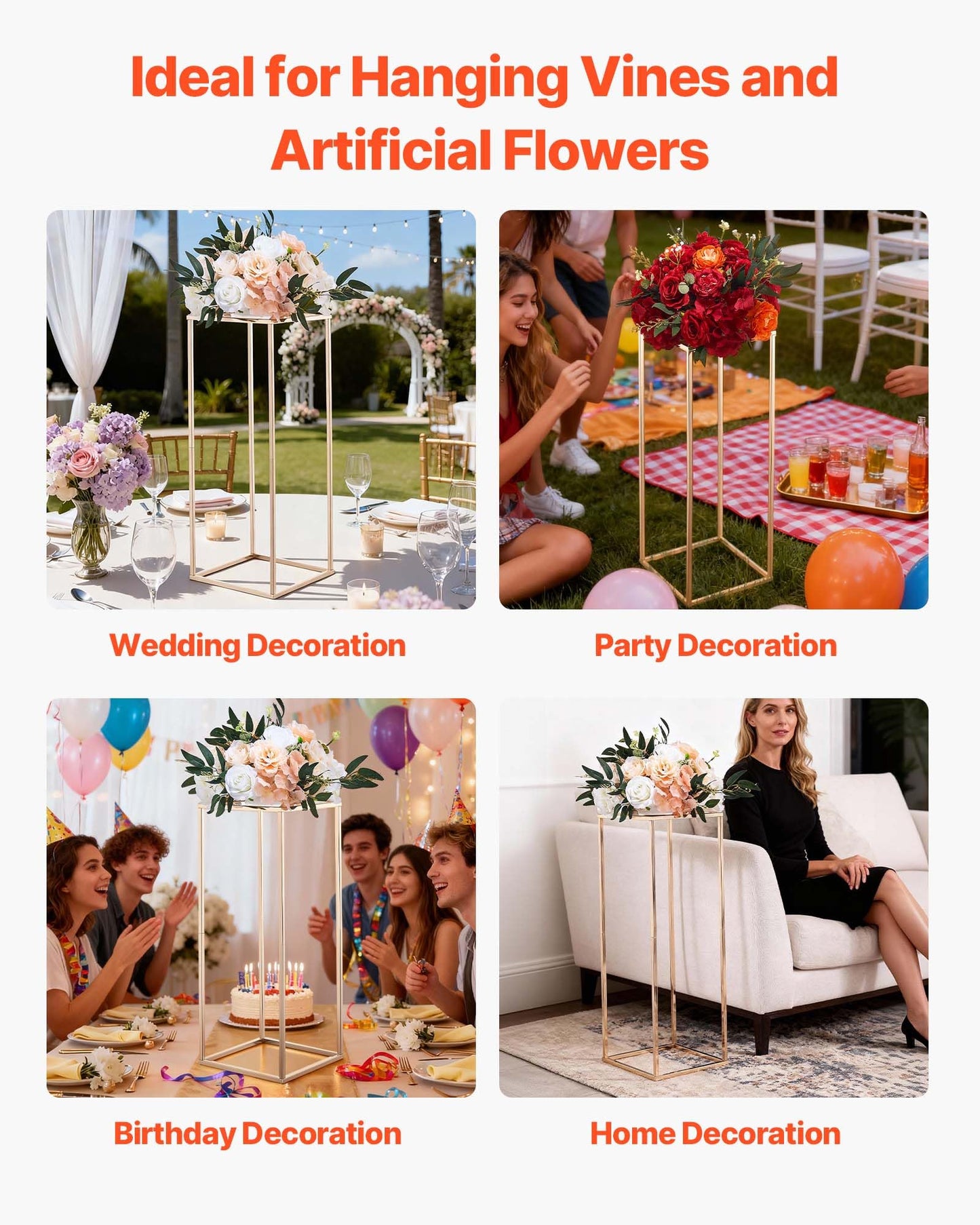 VEVOR Wedding Flower Stand, 10PCS 31.5-inch Column Flower Stand, Floral Stands with Metal Laminate, Rectangular Floral Display Rack for Wedding, Party, Birthday, Home,French Gold Centerpiece Stands