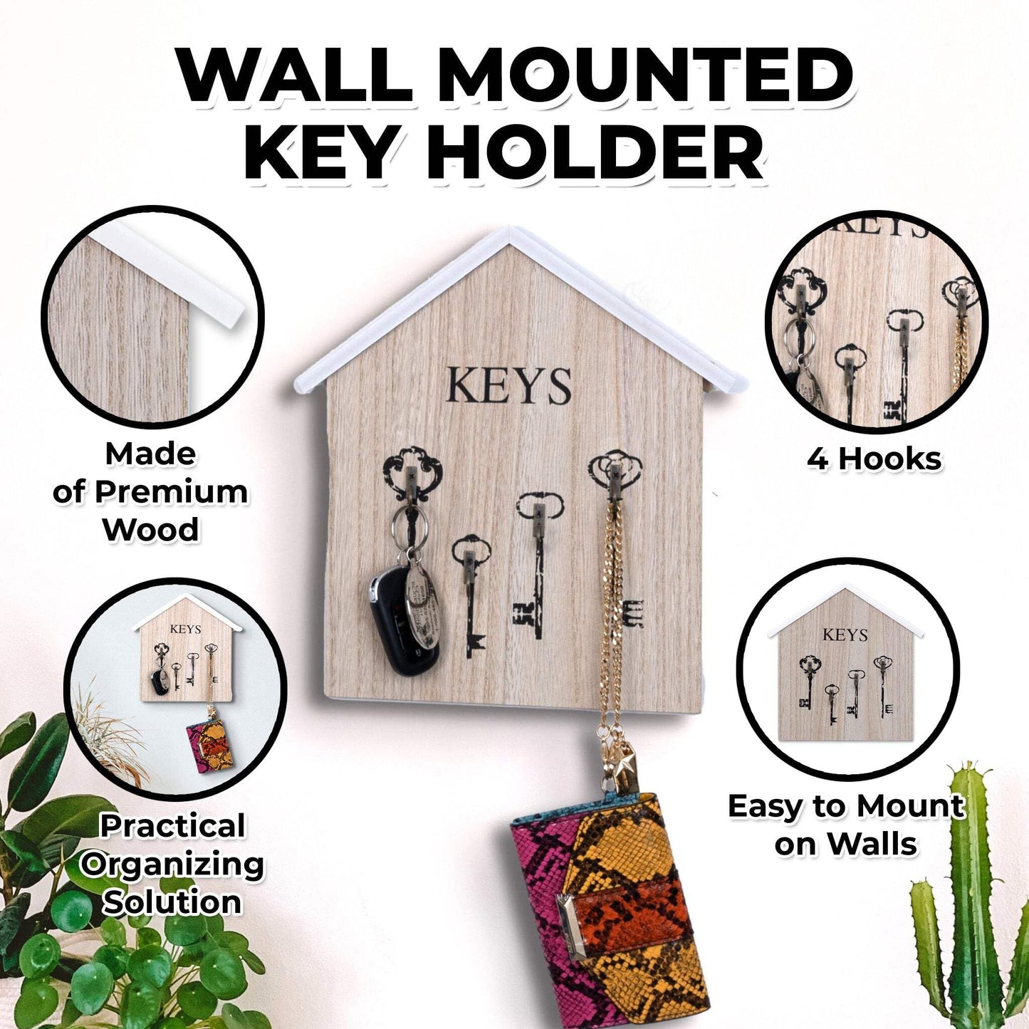 ACCENT COLLECTION HZ Wooden Wall Mounted Key Holder, 10" 4-Hook Farmhouse Rustic Home Office Entryway Decorative Organizer Rack, Gifts