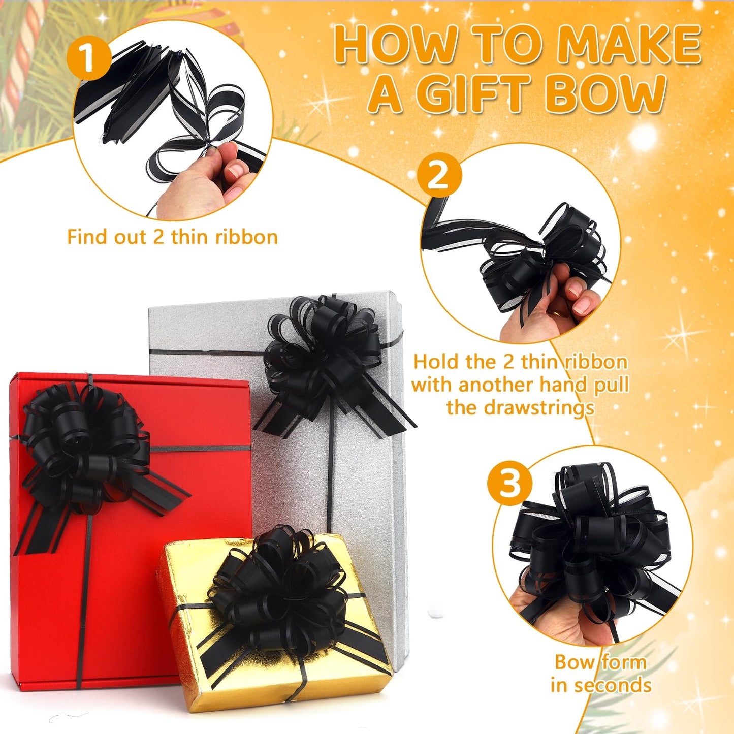 OULOVECO 24pcs Black Pull Bow for Gift Wrapping Basket Xmas Matte Gift Bows Presents Wrap Ribbon Bow for Christmas tree ornament Wine Bottles Bouquet Flower Valentine's Day Party Decor(Black-CC)