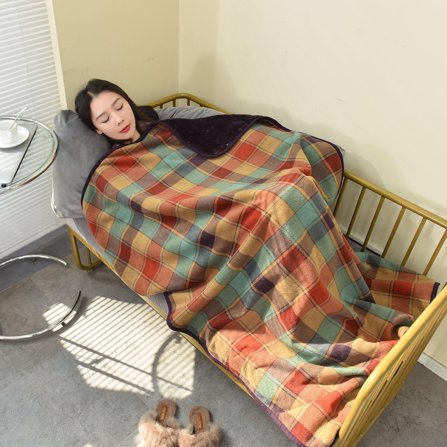 forestfish Fleece Wearable Blanket, Plaid Lap Blanket Comfy Poncho Throw with Buttons for Bed Sofa Office