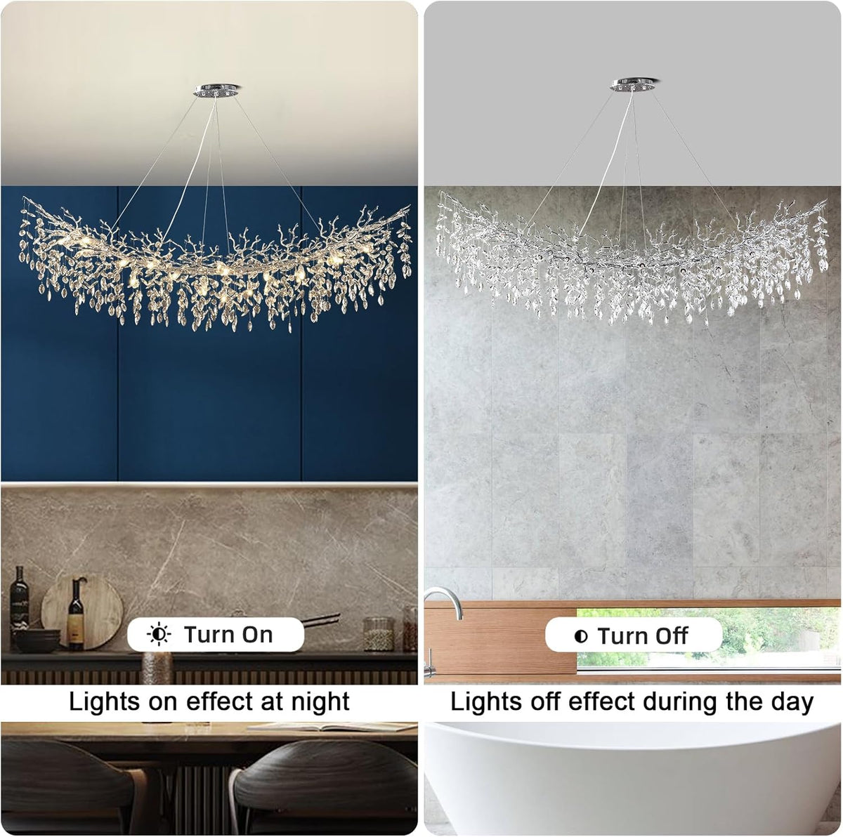 Modern Crystal Silver Chandelier,72" Large Rectangular Chandeliers for Dining Room, Tree Branch Crystal Lving Room Chandelier,Dining Room Over Table Chandelier,Fixture Height-Adjustable