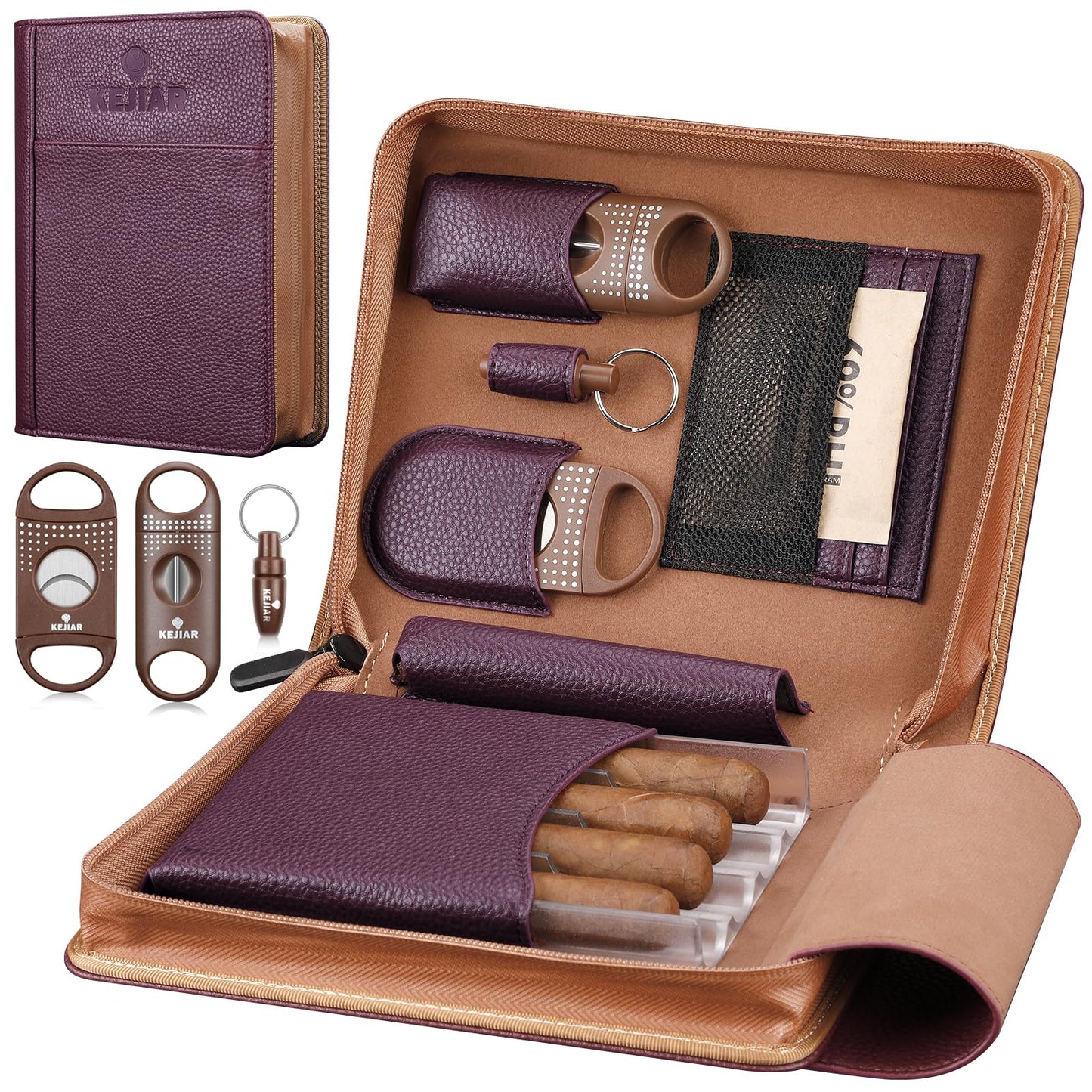 KEJIAR Travel Cigar Humidor Set, Humidor Cigar Box with V Cutter, Straight Cutter, Hole Puncher, Two-Way Humidity Control Packs, Leather Holder Case with Cigar Accessories Kit (Purple)