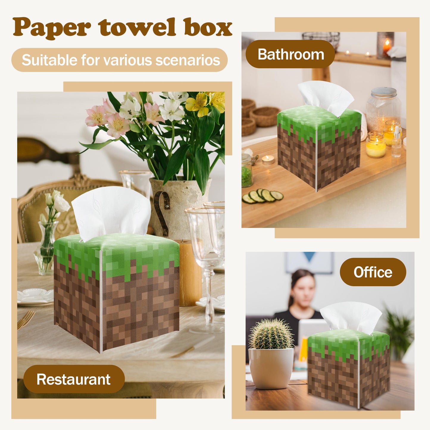 Pixel Grass Block Square Leather Tissue Box Cover – Pixel Theme Party Tissue Box Cover Holder Square, Pixelated Decor for Bathroom Nightstand Kitchen, Birthday Party Gift for Kids & Their Friends