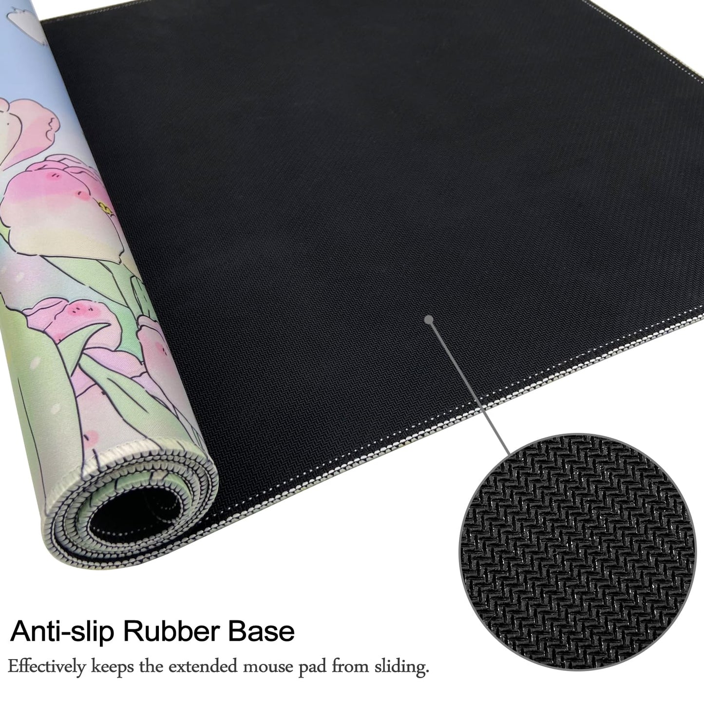 WSLUCKO Extended Large Gaming Mouse Pads Mat 35.4"x15.7"x0.12"(3mm Thick), Oversized Office Desk Mat with Stitched Edges (Cute Tulips)