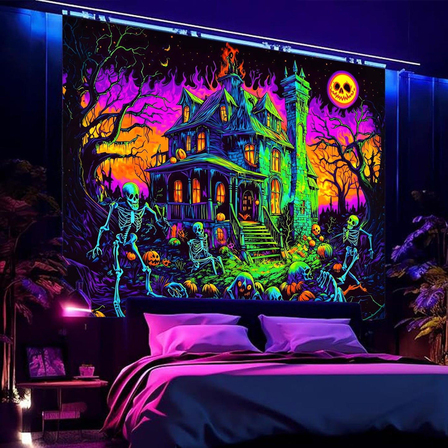 BSFHH Black Light Tapestry – UV Reactive Glow in the Dark Wall Hanging, Spooky Night Scene with Ghosts & Pumpkins, Haunting Home Decor for Parties, Bedroom, or Dorm (Ghost House, 90L x 70W, Unframed)
