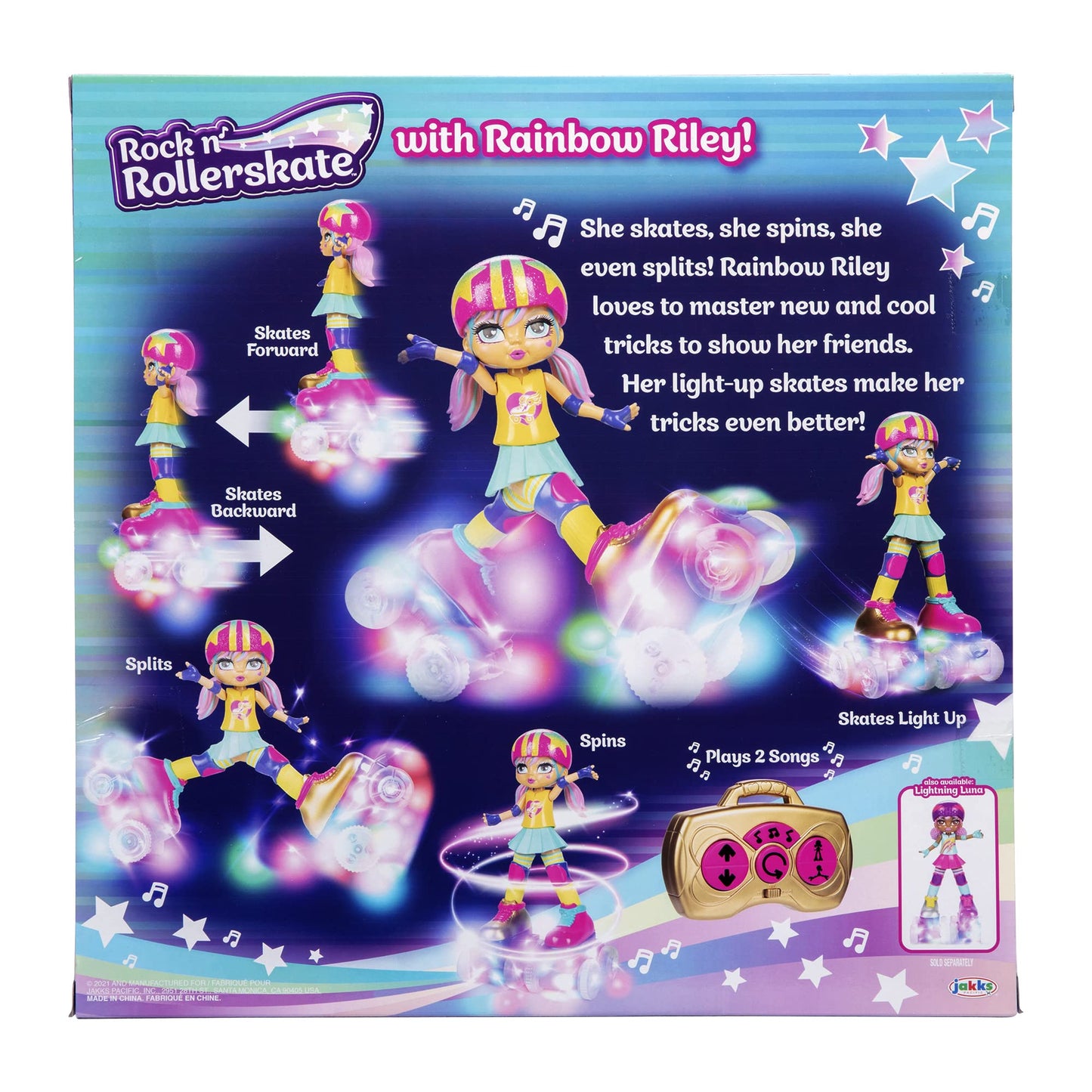 Rock N Rollerskate Doll Rainbow Riley Light Up Remote Control Rollerskating Doll - Plays Music and Skates!, 10" H