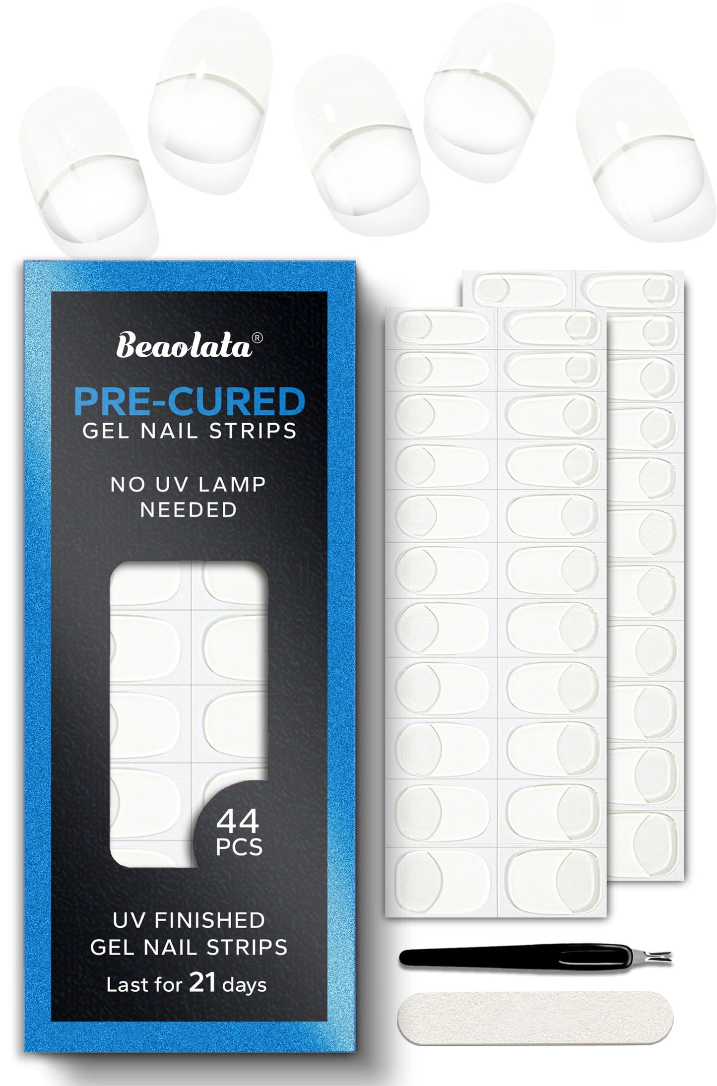 Beaolata Real Gel Nail Strips (No UV Light Needed) - 44Pcs Salon Quality Nail Stickers - Long Lasting Polish Wraps for Women, Easy Apply & Remove (Dawn White)