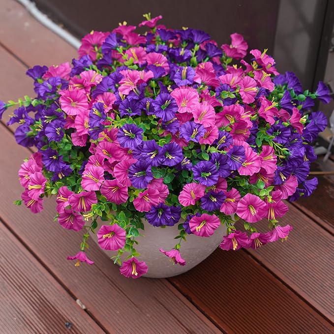 Artificial Flowers for Outdoors, UV Resistant Fake Silk Morning Glory, Realistic Faux Plants for Outside Porch Patio Window Box Hanging Planter (16, Purple Fuchsia)