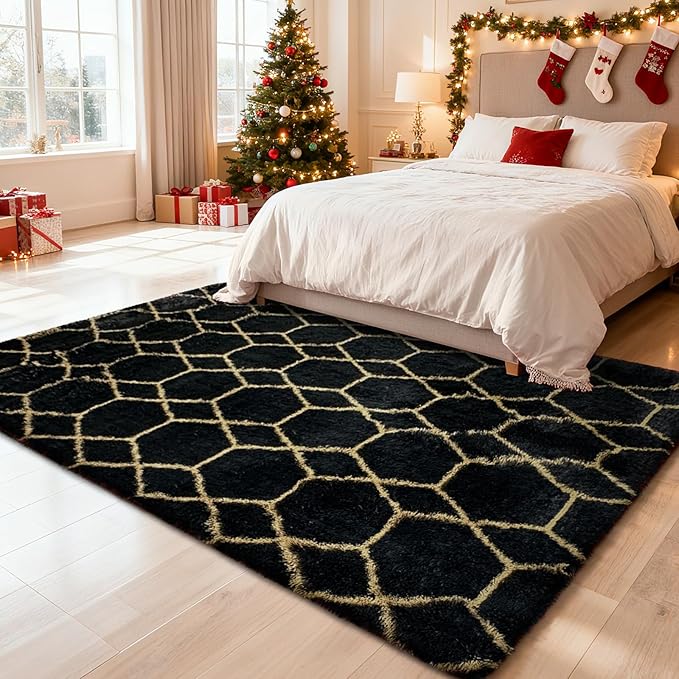 6x9 Fluffy Area Rugs for Living Room,Shag Area Rug for Bedroom,Geometric Soft Fuzzy Rug Non-Shedding Indoor Plush Carpet for Kids Bedroom Nursery Home Decor,Black and Gold