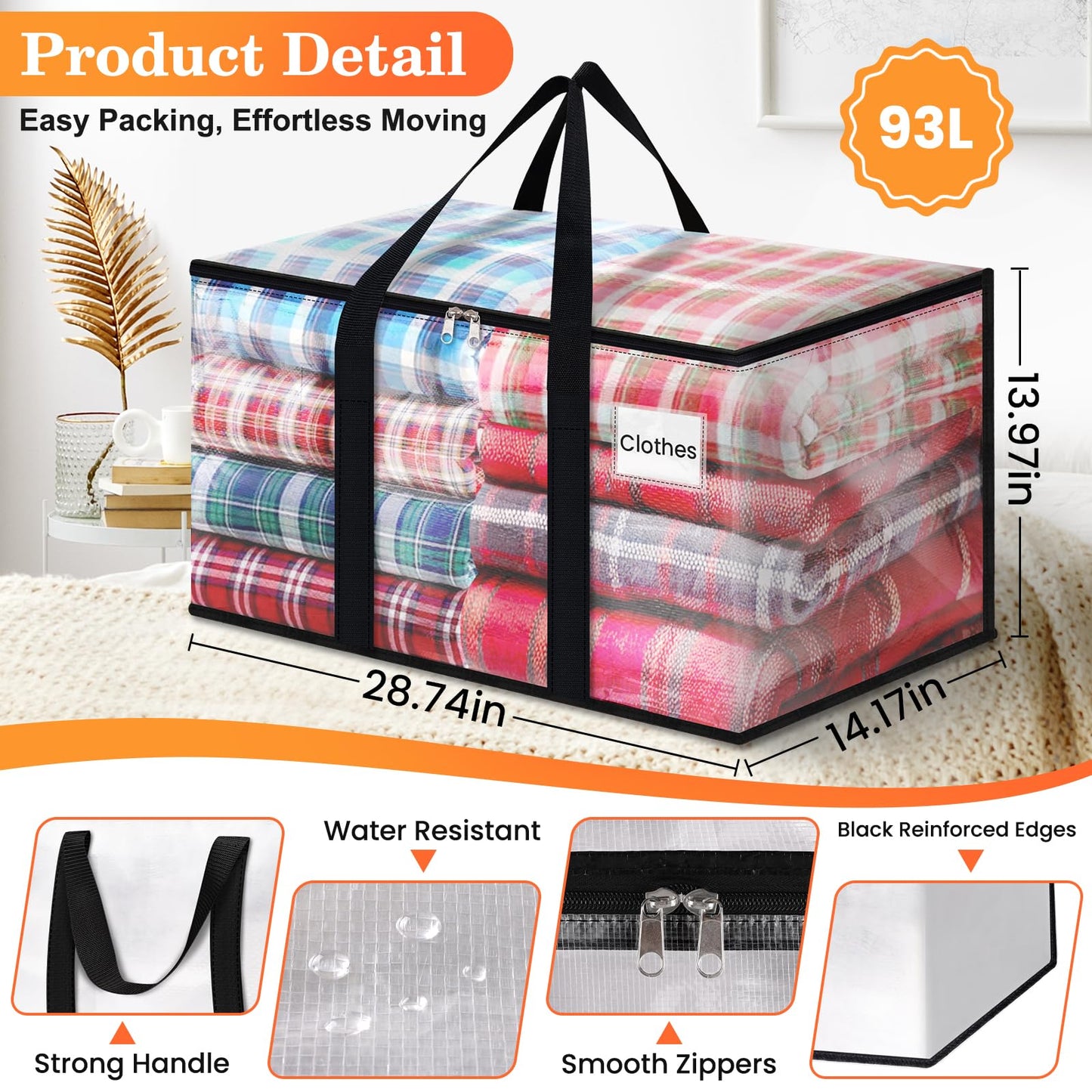 EpicTotes Extra Large Heavy Duty Moving Bags, Storage Bags with Strong Zippers & Handles, Packing Bags for Moving Essentials, Ideal Storage Tote for Home, Dorm & Storage Solutions, 93L, 6 Packs, Clear