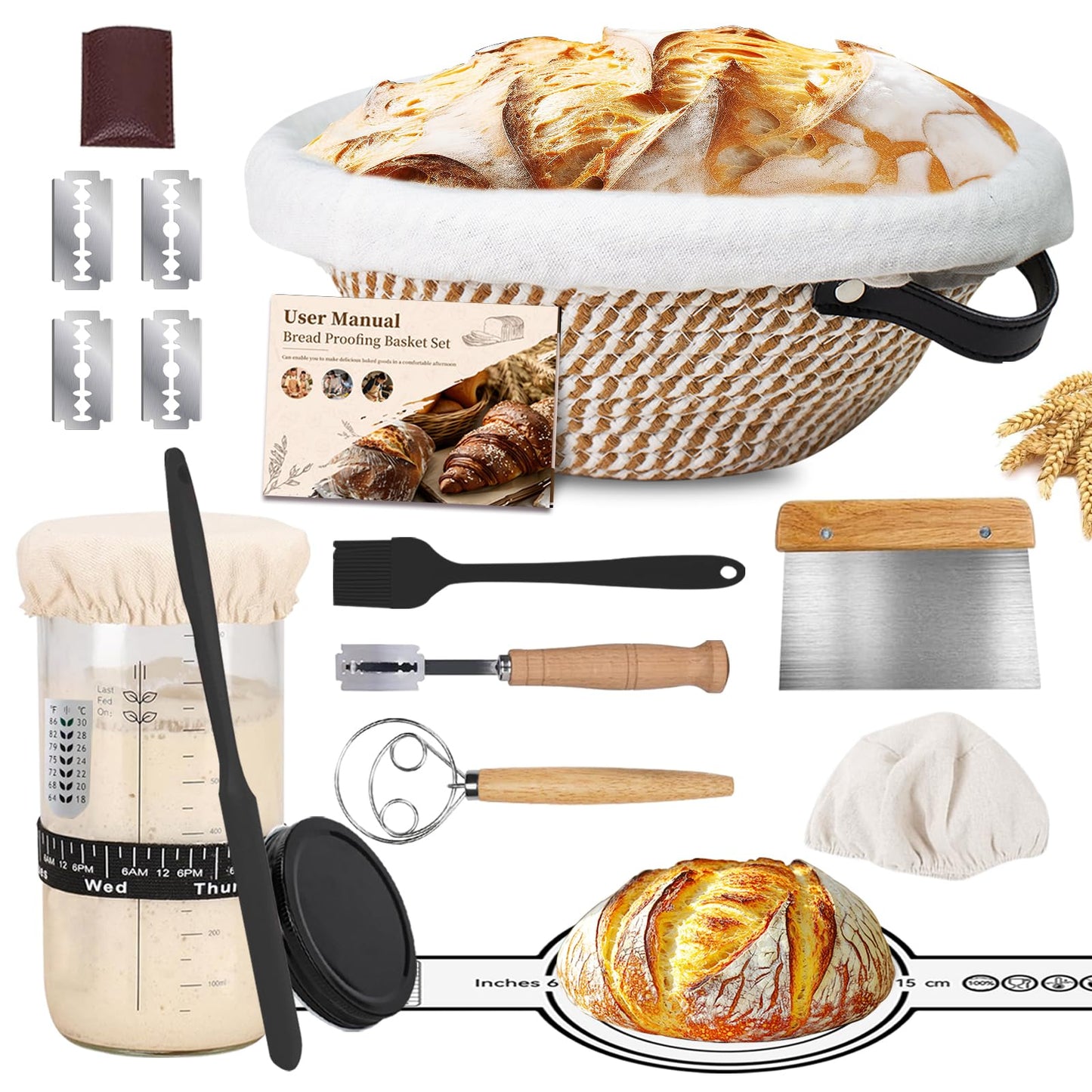 Sourdough Starter Kit,Banneton Bread Proofing Basket 10Inch Round,Sourdough Bread Baking Supplies With Starter Jar,Bread Sling,Lame,Danish Dough Whisk Sourdough Kit Gifts (Khaki)