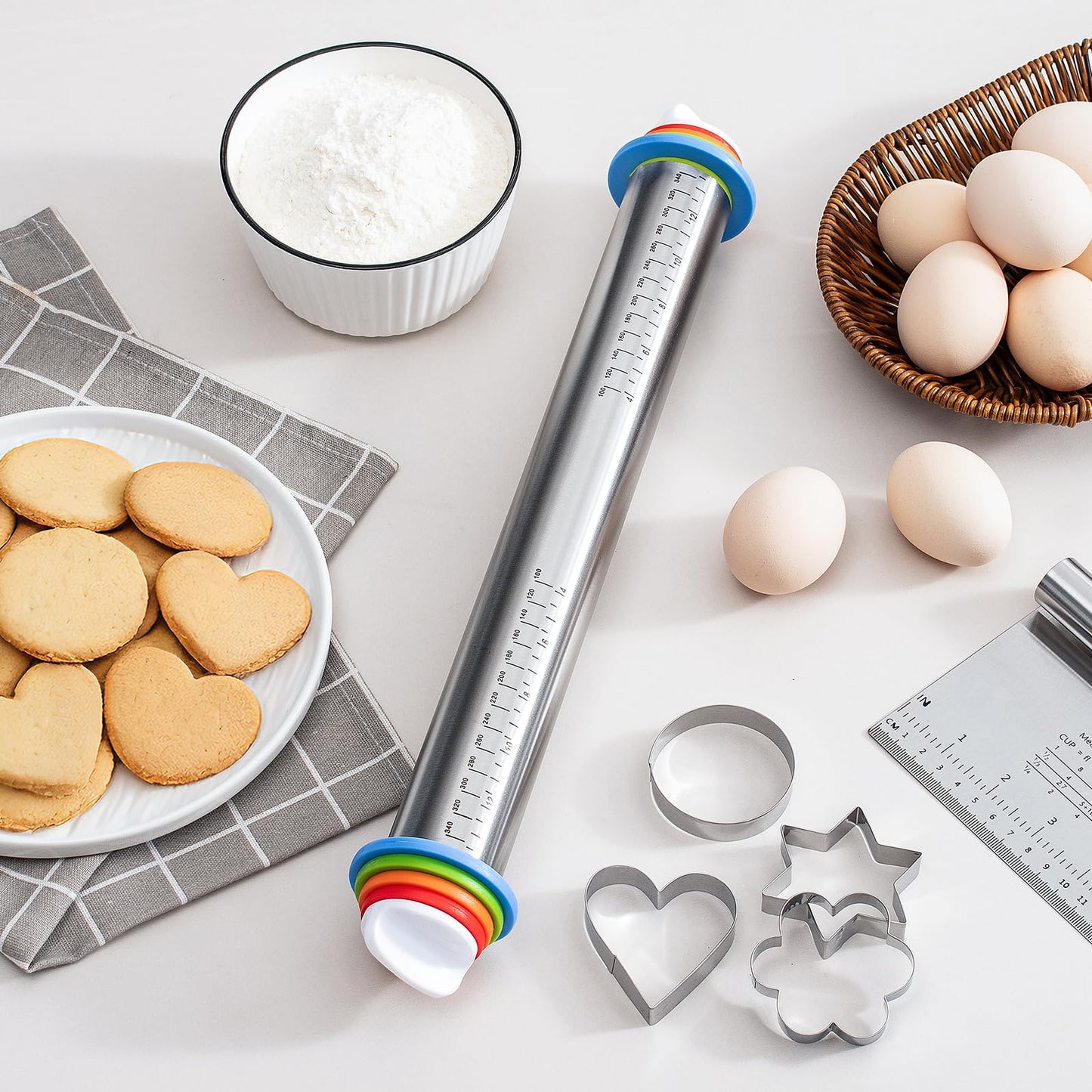 Adjustable Rolling Pin Set with Thickness Rings Cookie Cutters Dough Scraper Food Grade Stainless Steel Precise Dough Roller Handle Press Design for Baking Fondant Pizza Pie Pastry Pasta Cookies