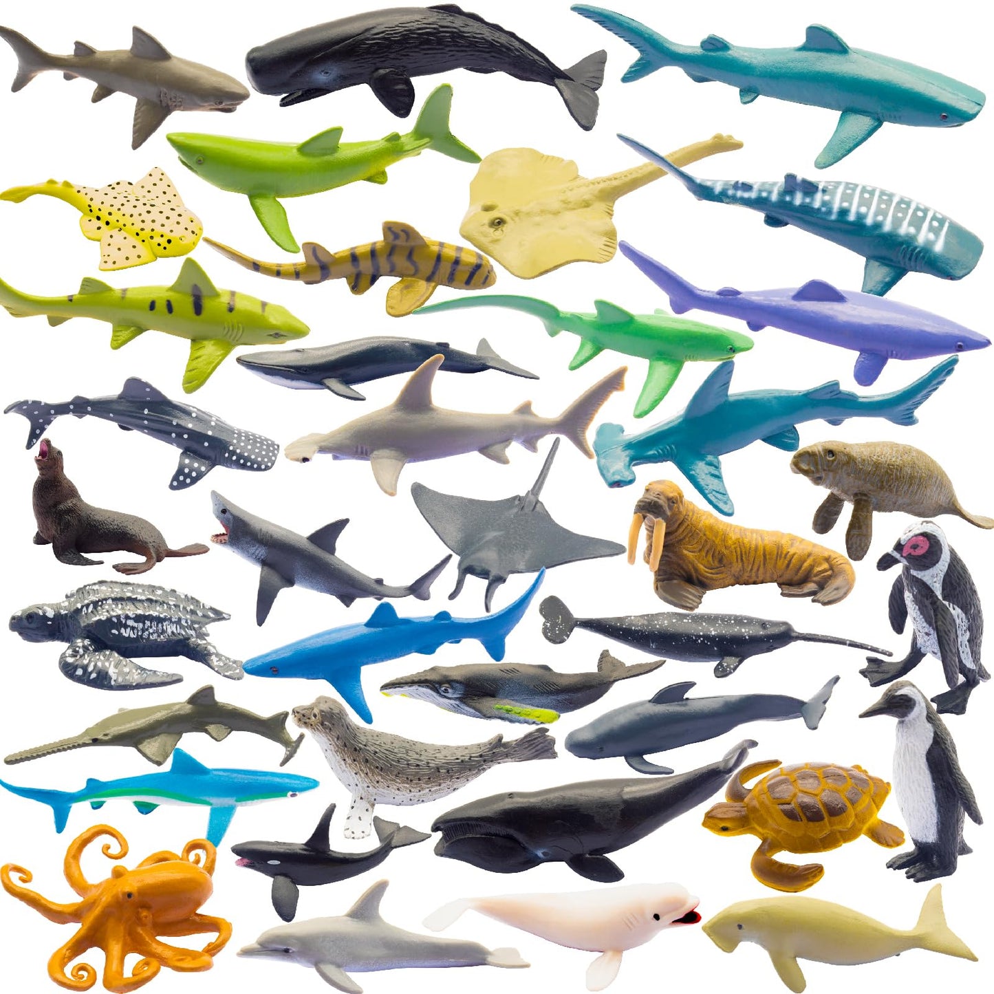 ZECHOCHOZE 37pcs Mini Ocean Animal Figurines Toys, Include Animals Like Realistic Sharks, Whales, Octopus, Turtles, Penguin, Suitable for Children's Parties, Cake Toppers, School Projects