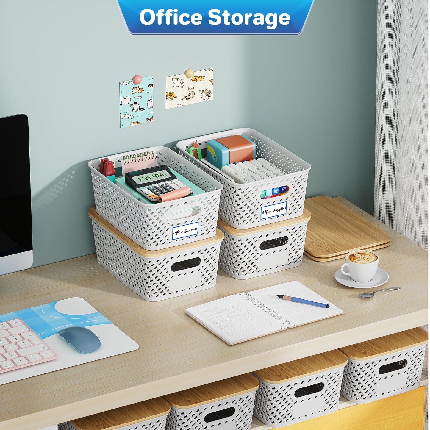 Anysig 8 Packs Plastic Storage Bins with Bamboo Lids - Stackable Storage Bins Decorative Small Basket Containers for Organizing Shelves Office Classroom Desktop Closet, Cream White