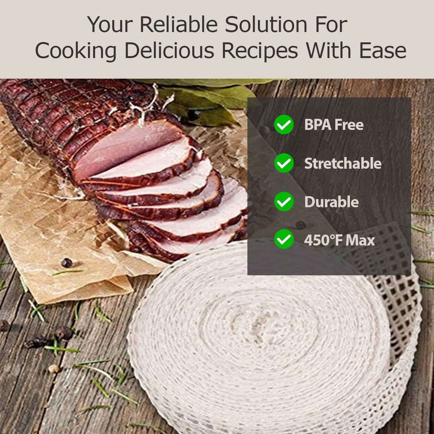 The Sausage Maker® 50ft Meat Netting Roll Size 8, Elastic Butchers Twine Cooking String Food Net For Pepperoni, Chorizo, USA Made, BPA Free Stretchable Poly-Cotton Mesh, 1.5-2.5" Dia