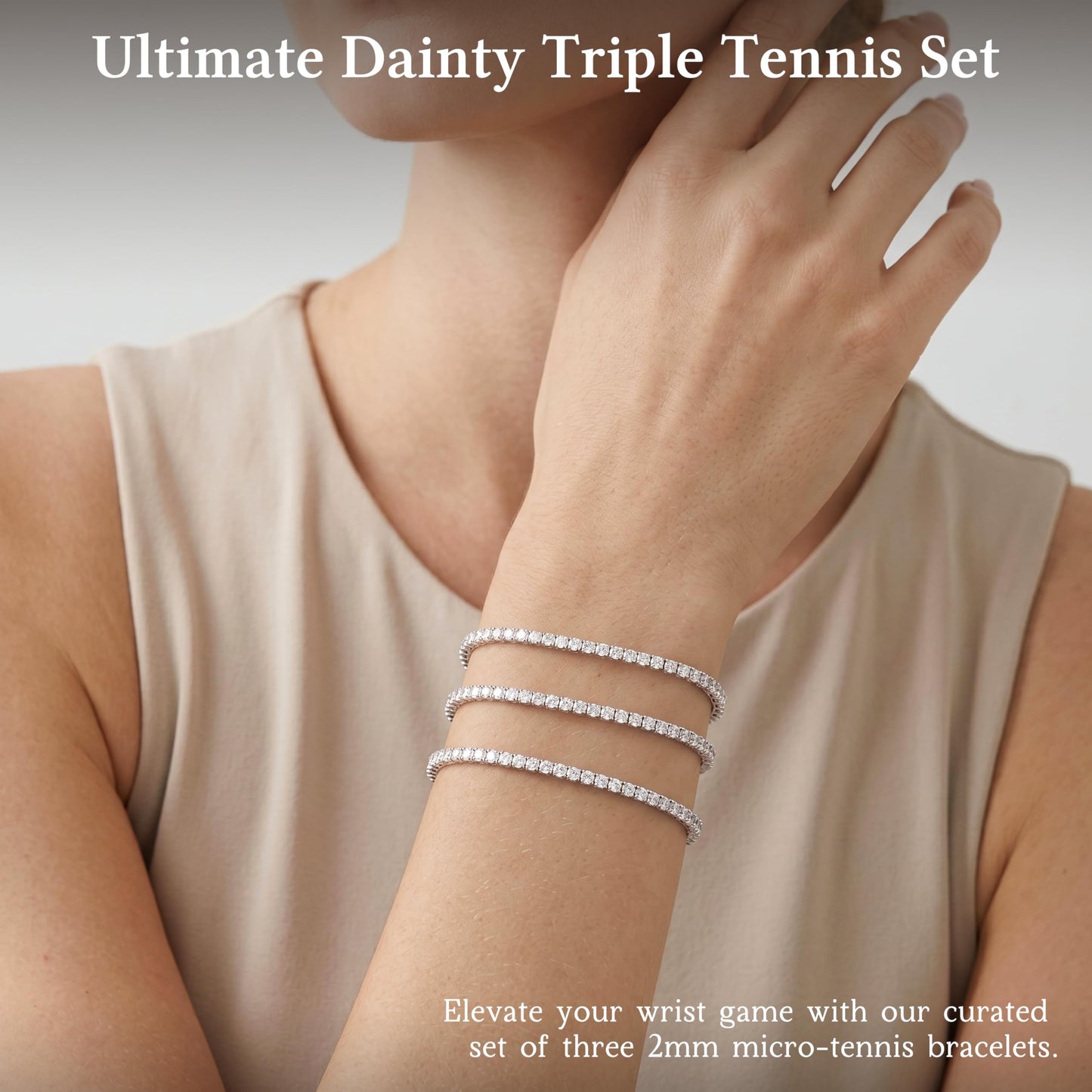 Dainty 2mm Silver Tennis Bracelet Set for Women, Sterling Silver Plated Triple Stackable Zirconia Bracelets, Minimalist Professional Jewelry for Business Casual Office Wear, 3-Piece Sparkle Wrist Set
