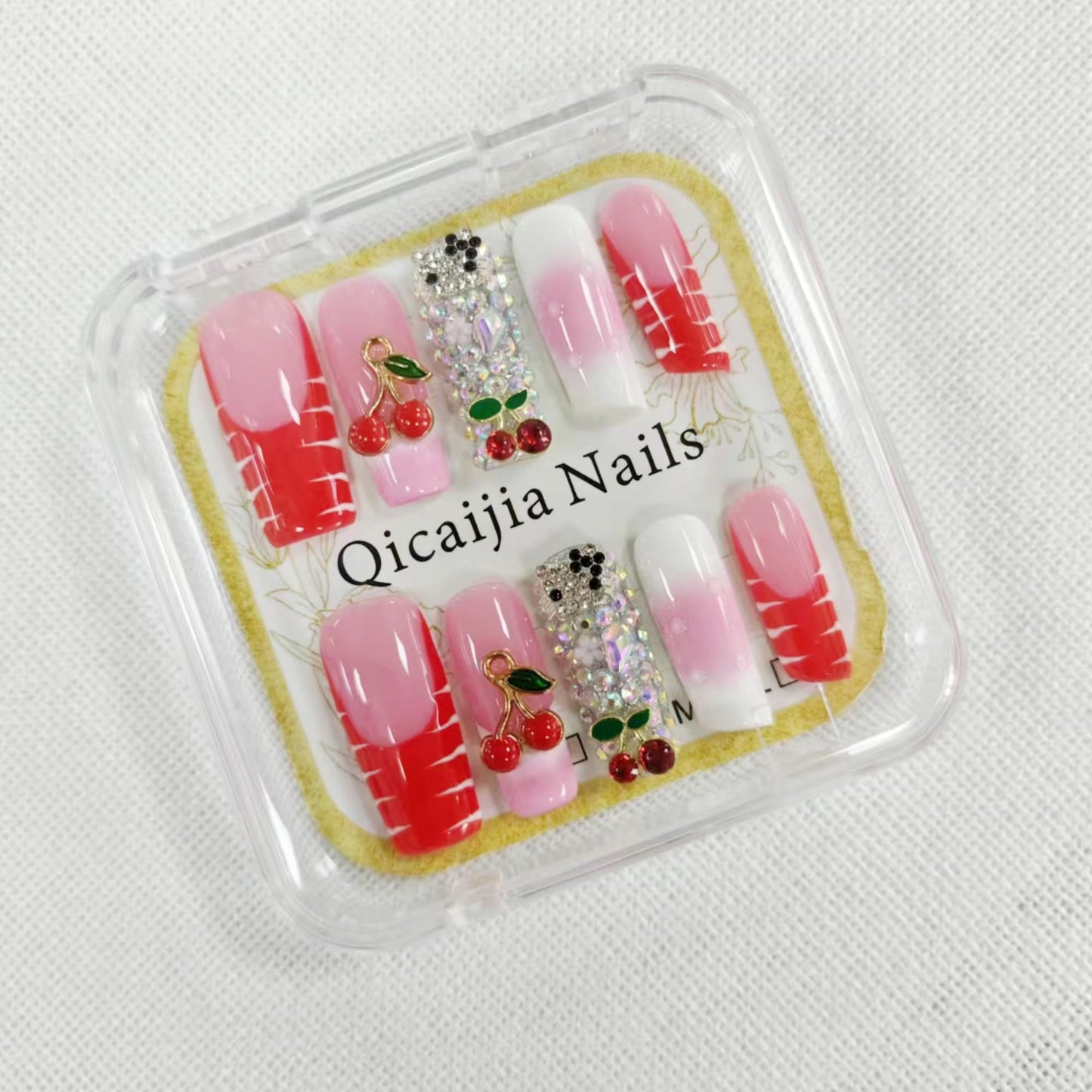 Handmade Red French Tip Press on Nails Long Square Fake Nails Pink Ombre Sparkly Acrylic Nails Press ons with 3D Cherry Rhinestones Designs False Nails Luxury Stick on Nail for Women 10Pcs (Size M)