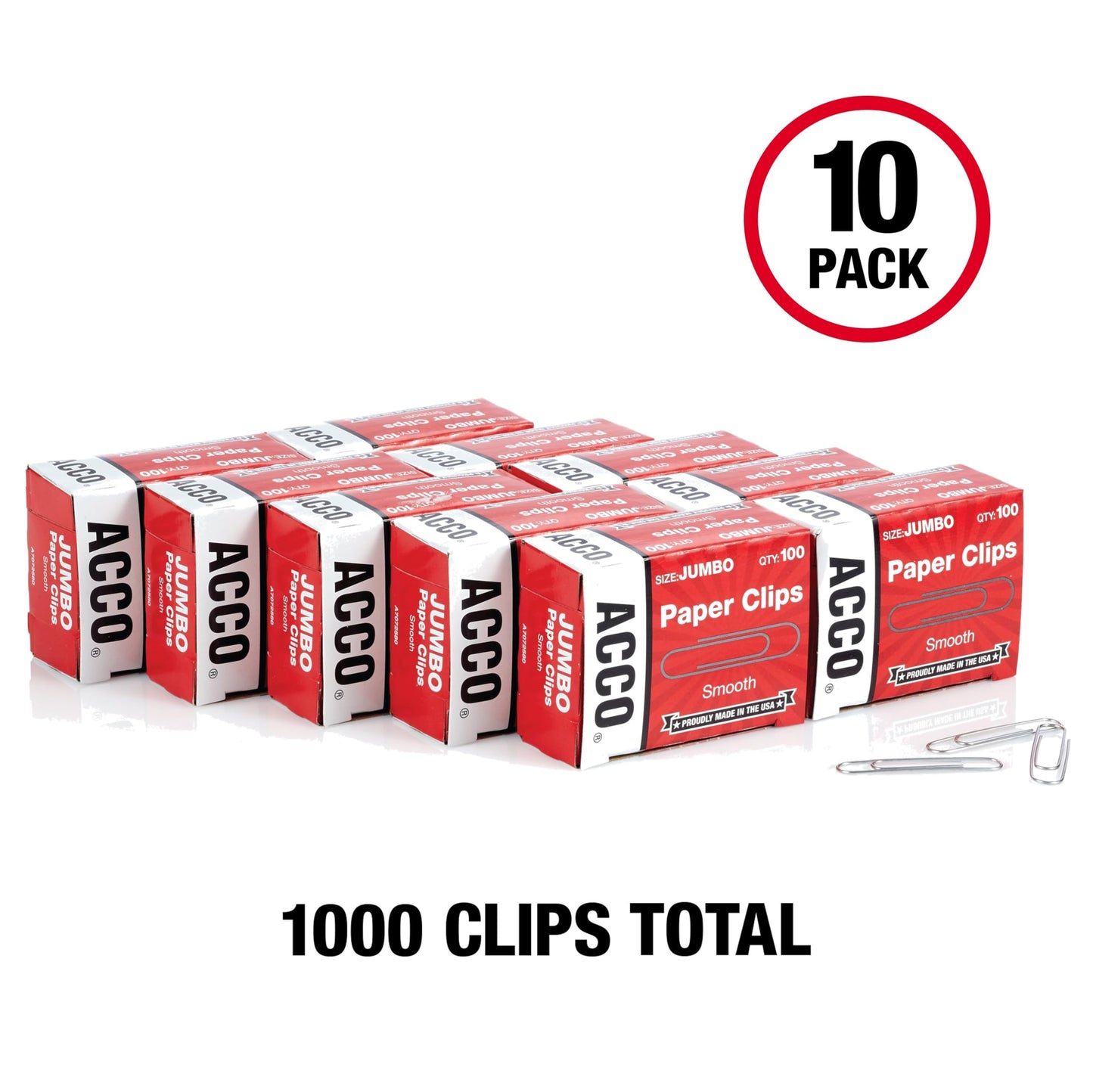 ACCO Brands Paper Clips, Jumbo, Smooth, Economy, 10 Boxes, 100/Box (72580)