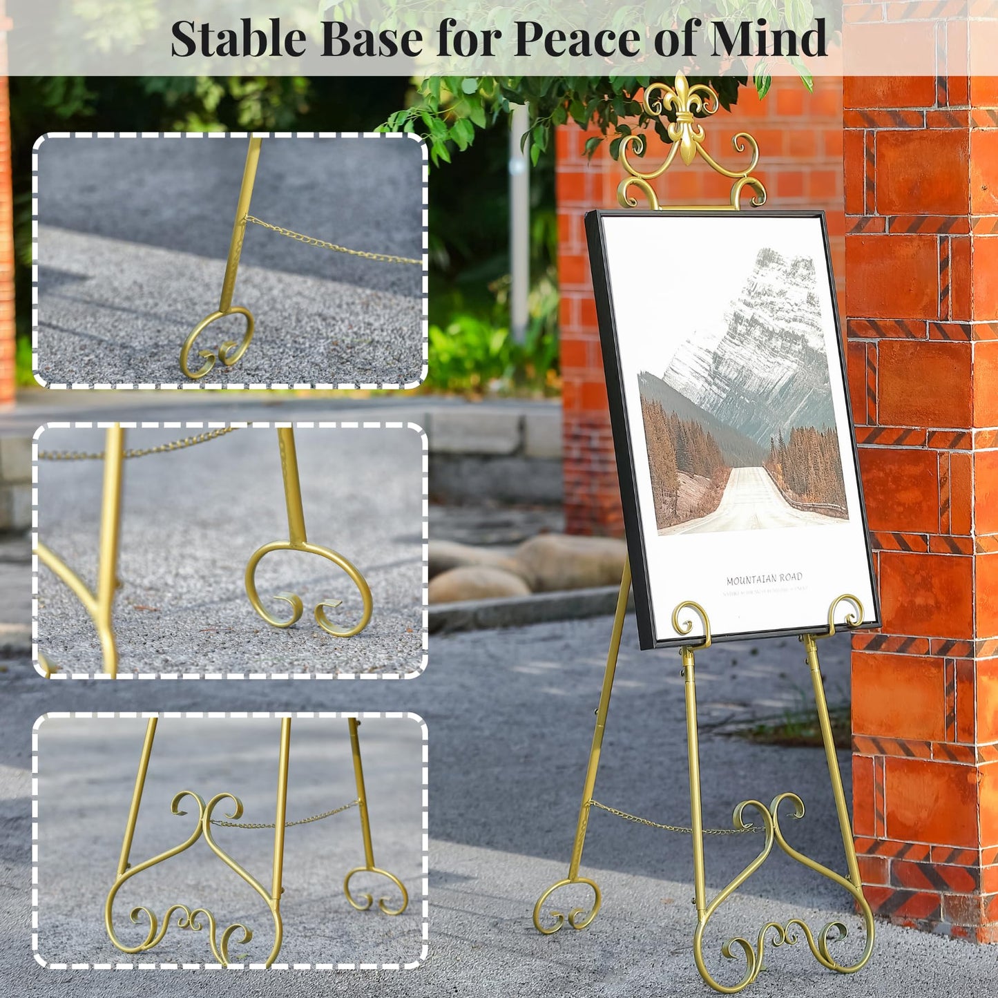 CaliDecor 60” H Gold Easel Stand for Sign, Large Adjustable Metal Display Standing for Displaying Pictures Wedding Poster Holder Showcasing with Chain Support