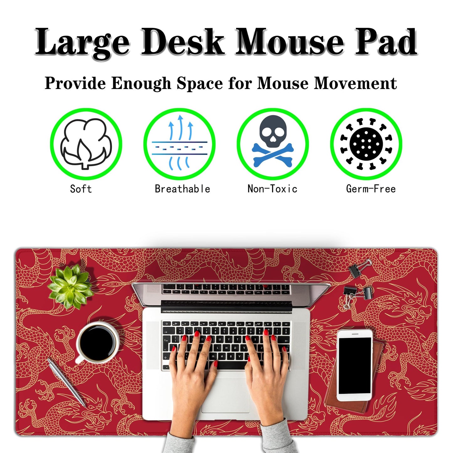 Samgula Keyboard Pad Red, Gaming Mousepad Desk Pad Big Mouse Pads Desk Decor for Men, 900X400 Mouse Pad Waterproof Non-Slip Rubber Base, 35.4 X 15.7 inch for Work/Game/Office/Home Chinese Dragon