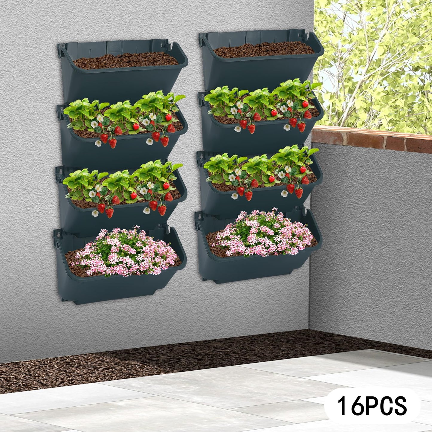 Liffshsy Vertical Wall Planter, Wall-Mounted Living Garden Planter with 16 Plastic Pots Stackable Wall Hanging Flower Pot Clasp Design for Vegetables Flowers (Army Green 16)