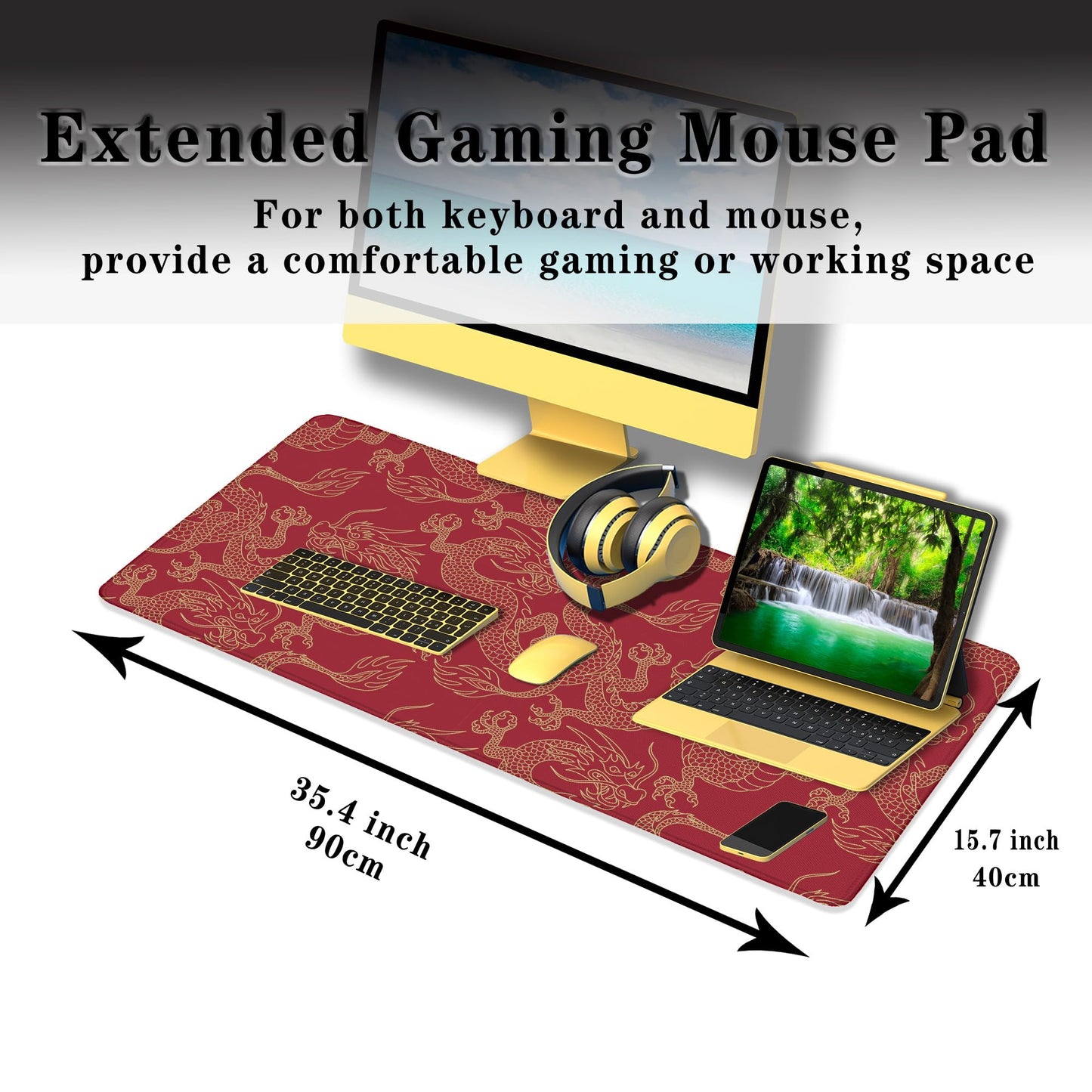 Samgula Keyboard Pad Red, Gaming Mousepad Desk Pad Big Mouse Pads Desk Decor for Men, 900X400 Mouse Pad Waterproof Non-Slip Rubber Base, 35.4 X 15.7 inch for Work/Game/Office/Home Chinese Dragon