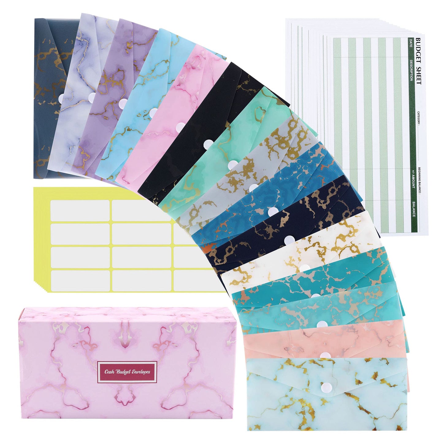 Lpraer 15 Pack Cash Envelope for Budgeting, Budget Envelope for Cash System, Money Envelope With Budget Sheet Sticker Box for Saving (Marble)