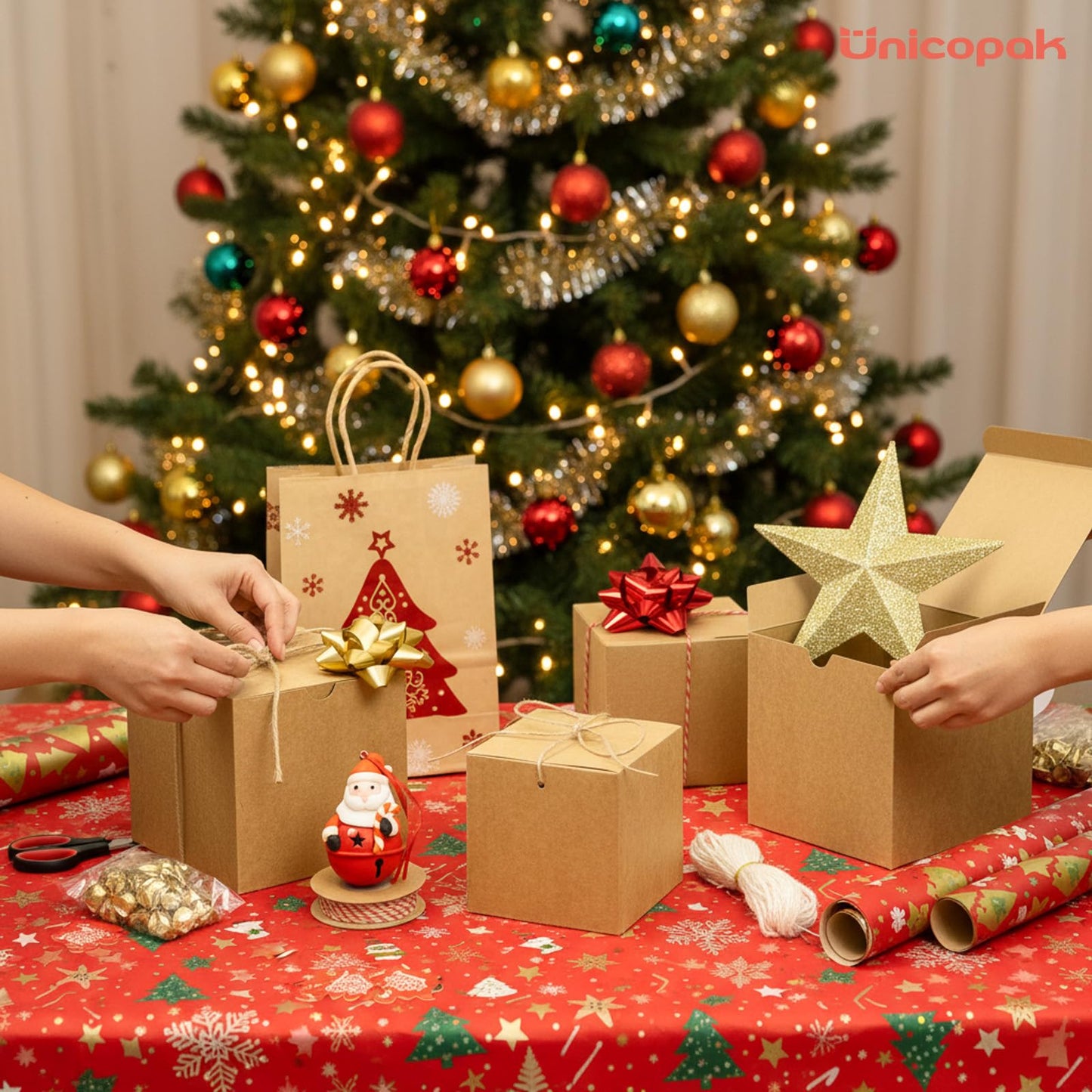 UnicoPak 30 Pack 4x4x4 Small Brown Gift Boxes with Lids & Twine - Premium USA Kraft Cardboard - Pop-Up Easy Assembly Gift Boxes for Presents, Candles, Mugs, Ornaments, Favors