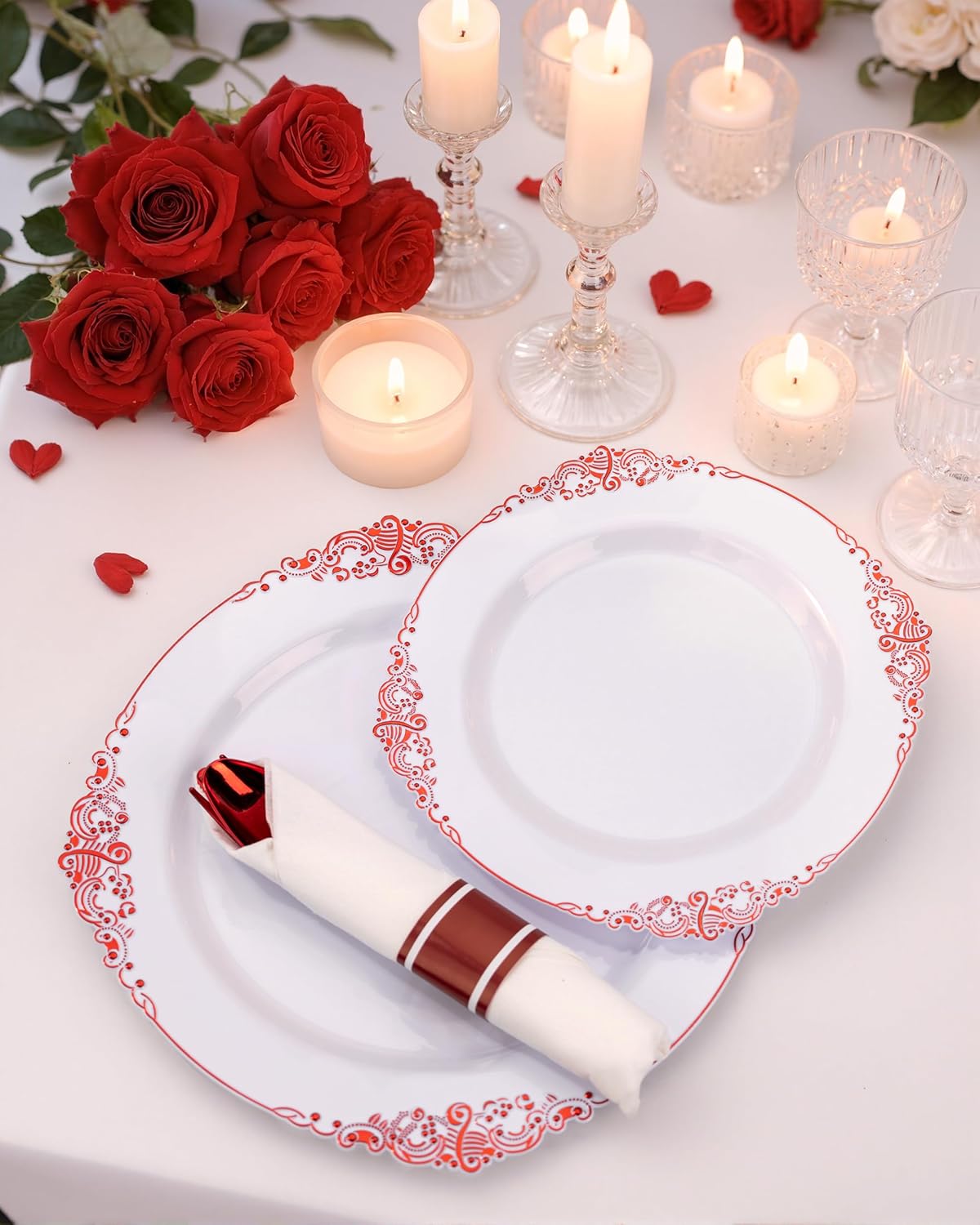 Nervure 350PCS Red Plastic Plates - White Red Plastic Dinnerware Set for 50 Guests - 100 Red Disposable Plates, 50 Pre Rolled Cutlery Set, 50 Cups Perfect for Wedding, Party & Christmas