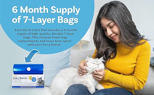 dooli Odor Trapping Litter Pail – Odorless Cat Litter Pail with Lid & 6 Month Supply of Refill Bags and Scooper– One-Finger Tap Lid Opening