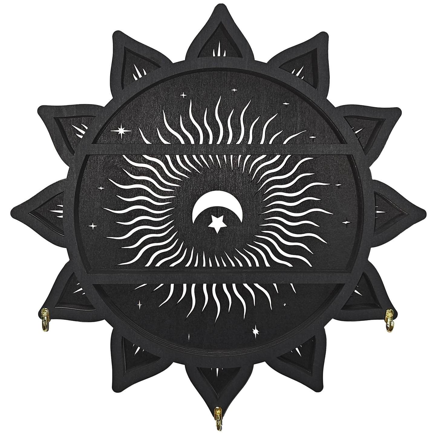 FNYDOX Chakra Lotus Flower Crystal Display Shelf with LED Light, Witchy Home Decor Boho Decorative Wall Mounted Trinket Shelf Wooden Sun Moon Shelf Rock Case Stone Storage Floating Hanging Holder