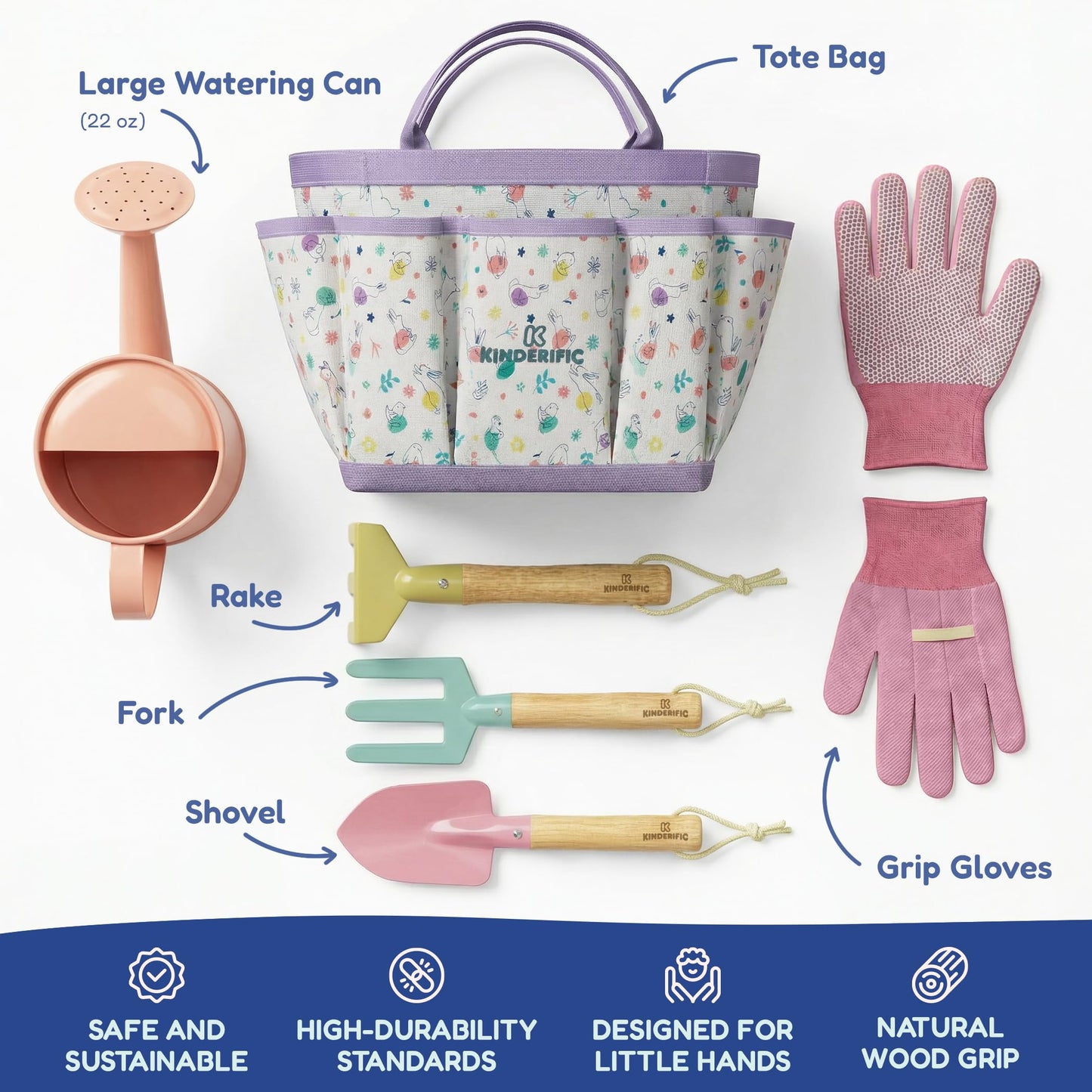 Kinderific Gardening Set, Tool Kit, for Kids, STEM, Includes Tote Bag, Spade, Watering Can, Rake, Fork, Trowel and Gloves, Egg Hunt