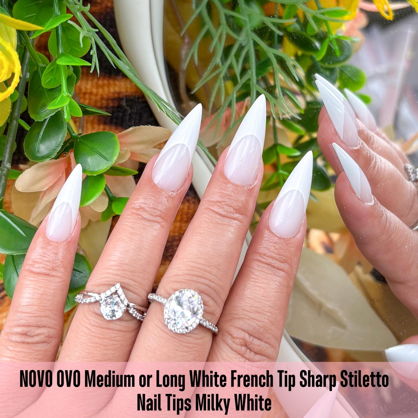 NOVO OVO Medium Long Sharp Stiletto Nail Tips (White French Tip) -Milky White Nude Soft Gel Press Ons, Pre-Designed Full Cover Fake Nails for Instant Salon Manicure, 16 Sizes (160 Pcs)