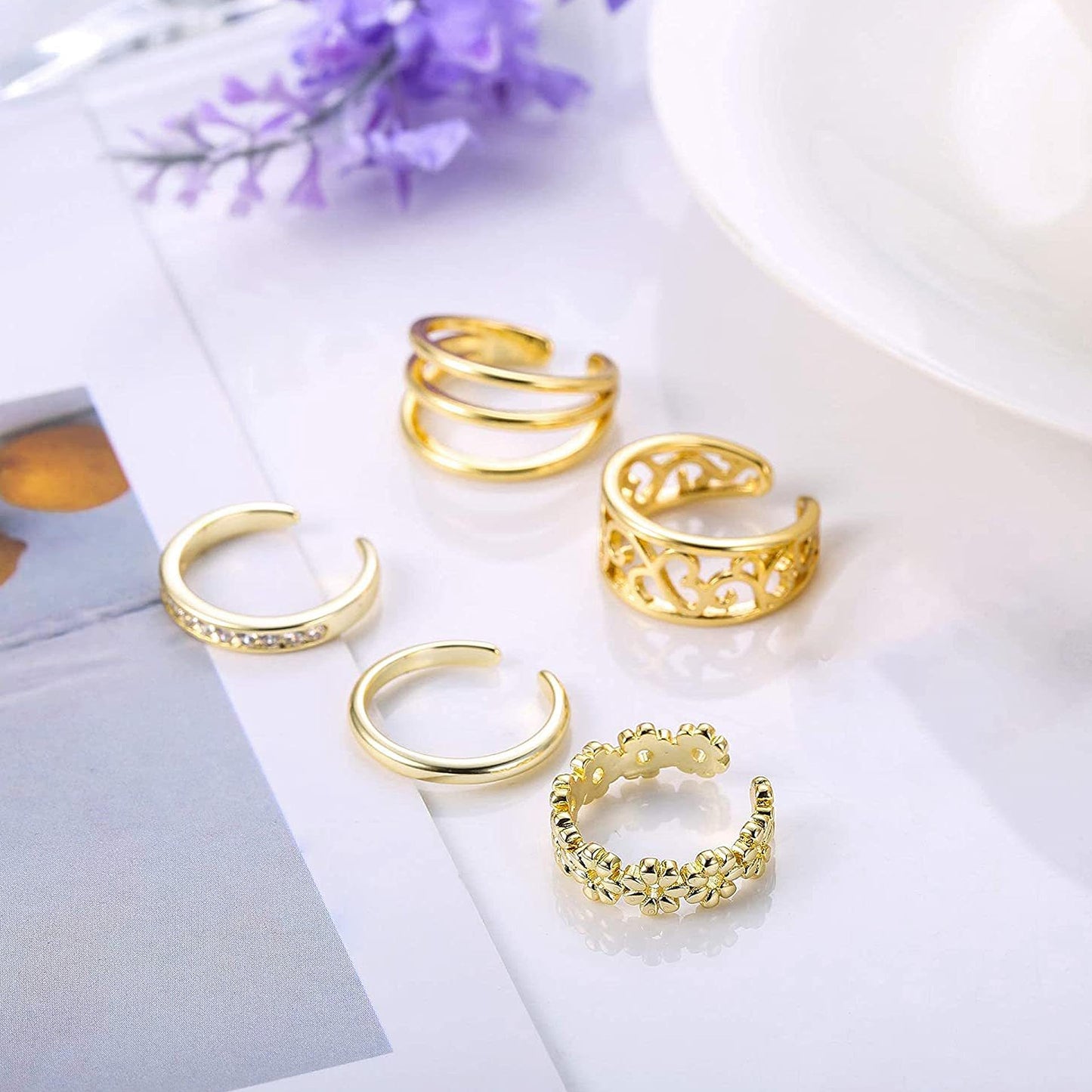 PYALXDN 5 Pcs Silver Plated Toe Rings for Women Adjustable Band Rings Open CZ Toe Ring Set Beach Foot Jewelry，Anti-allergy，Gold