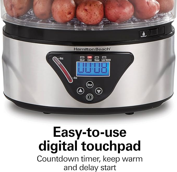 Hamilton Beach Digital Electric Food Steamer & Rice Cooker for Quick, Healthy Cooking with Stackable Three-Tier Bowls for Vegetables and Seafood, 8.25 Quart, Black & Stainless Steel
