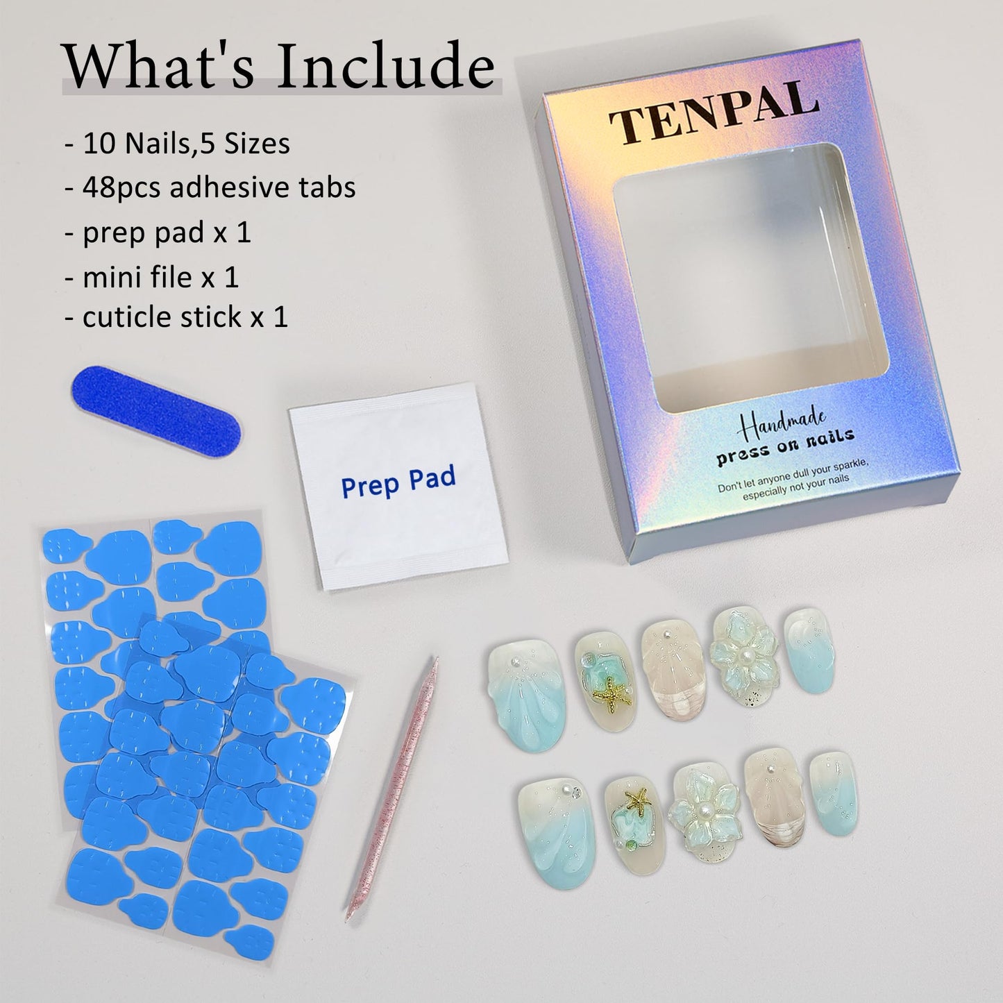 TENPAL Blue French Tips Press on Nails Short Oval,Isle Blue Gradient & Hand-Sculpted Conch Relief False Nails,Ocean Whisper Fake Nails Kit,Glossy Cute Artisan Coastal Zen Nail Art with Tools 10pcs(L)
