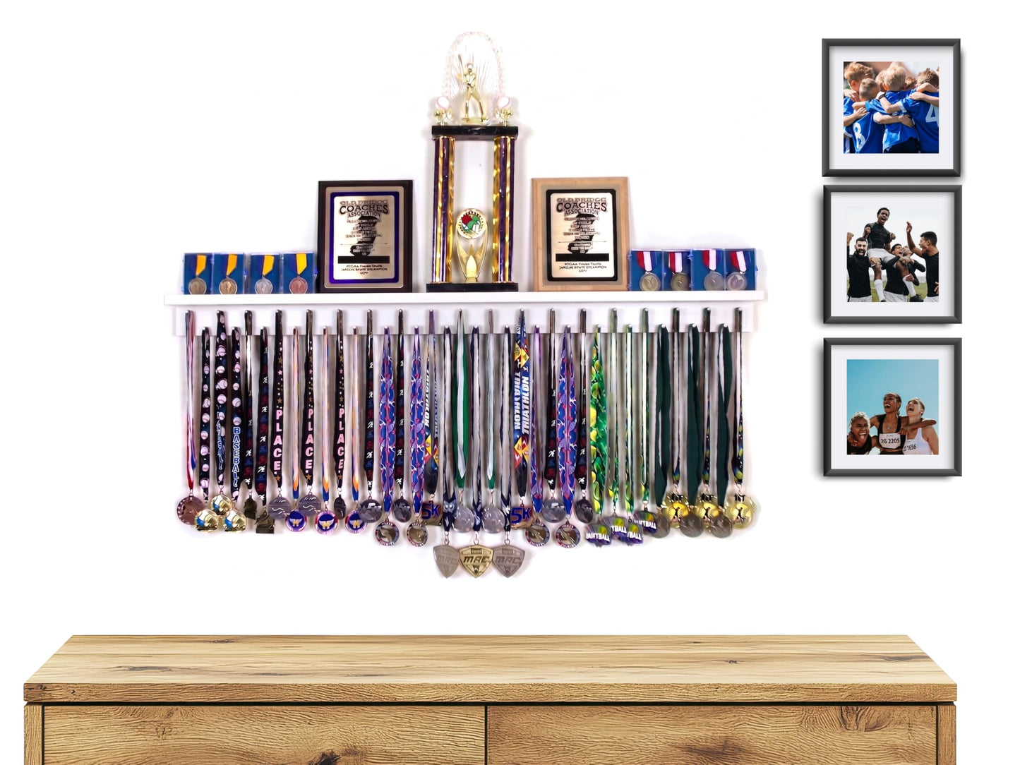 4ft Medal Hanger Display — Trophy Shelf with Hooks for Medals — 48" Solid Wood — Holds 40+ Medals for Running, Gymnastics, Martial Arts, Wrestling, Swimming — White — Medal Awards Rack
