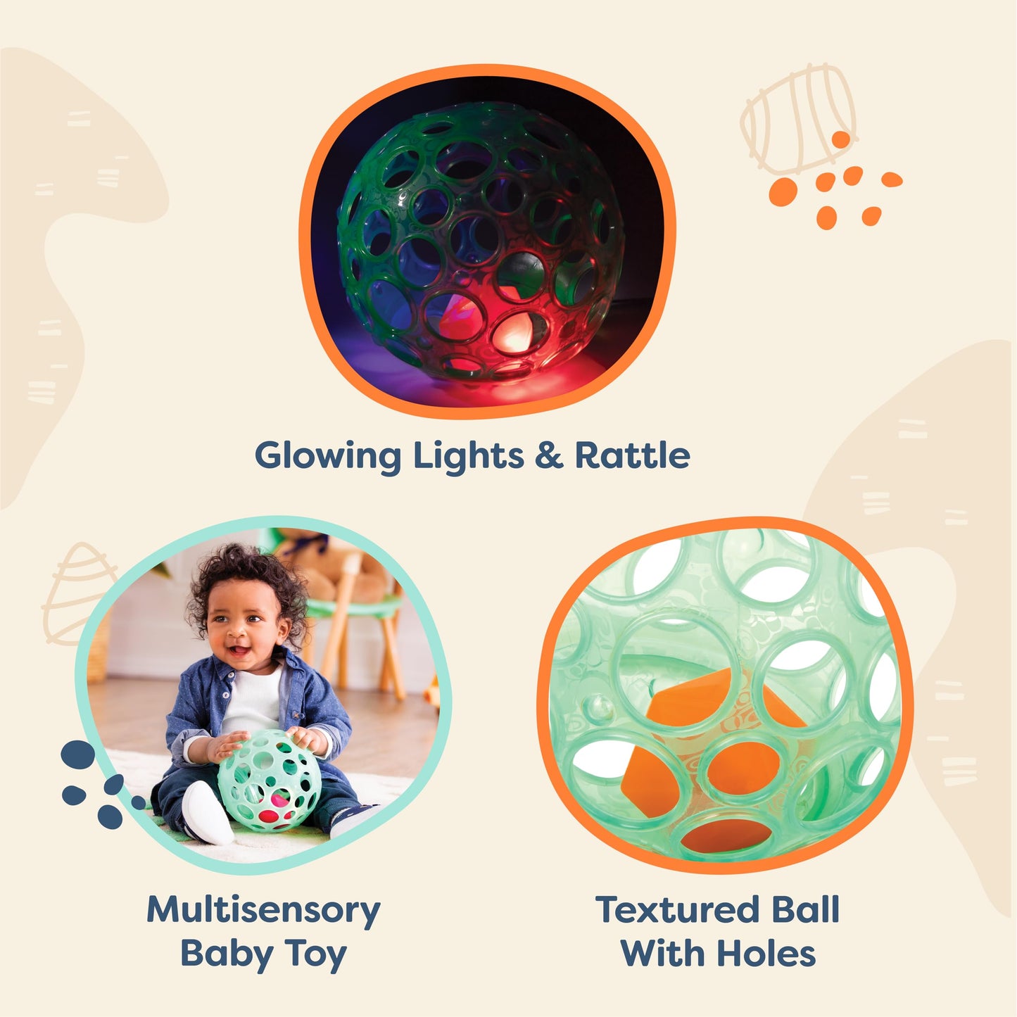B. toys – Sensory Lightup Baby Rattle – Textured Ball with Holes – Glowing Lights & Rattle – Infants, Babies – Grab n’ Glow – 0+ Months
