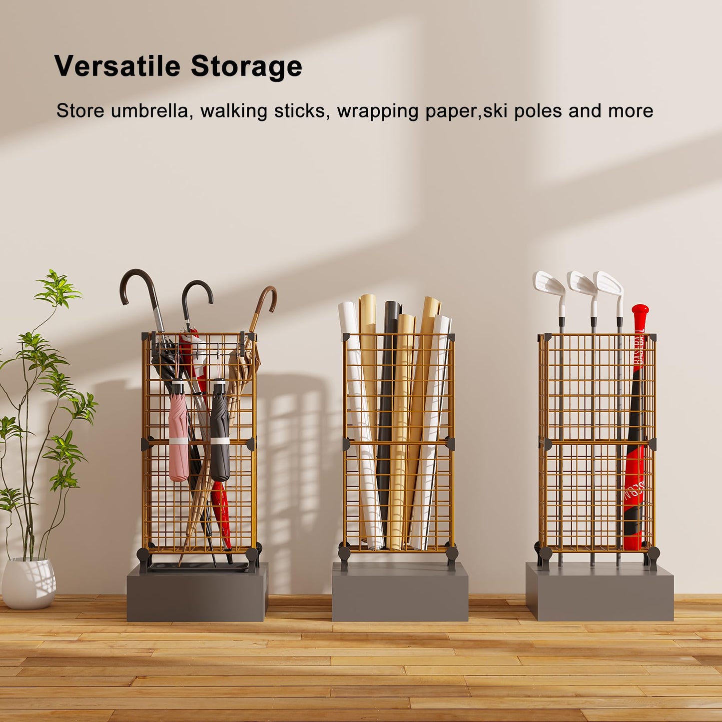 AWTATOS Umbrella Holder Entryway, Umbrella Stand Freestanding, Metal Square Umbrella Rack Organizer with a Removable Drip Tray, Hooks, Brown