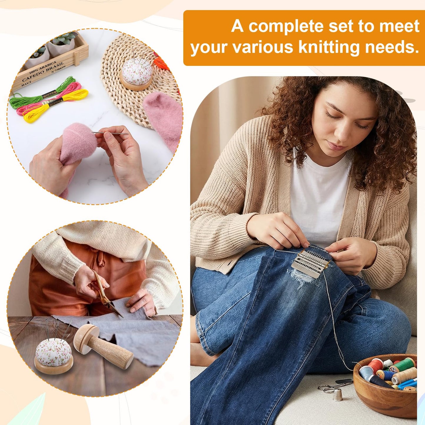 Mini Darning Mushroom for Socks Darner Kit Include 14 Hooks Small Weaving Darning Loom 12 Large Eye Needles 50 Colors Thread for DIY Handicrafts Home Sewing Care Weaving Repair Tool
