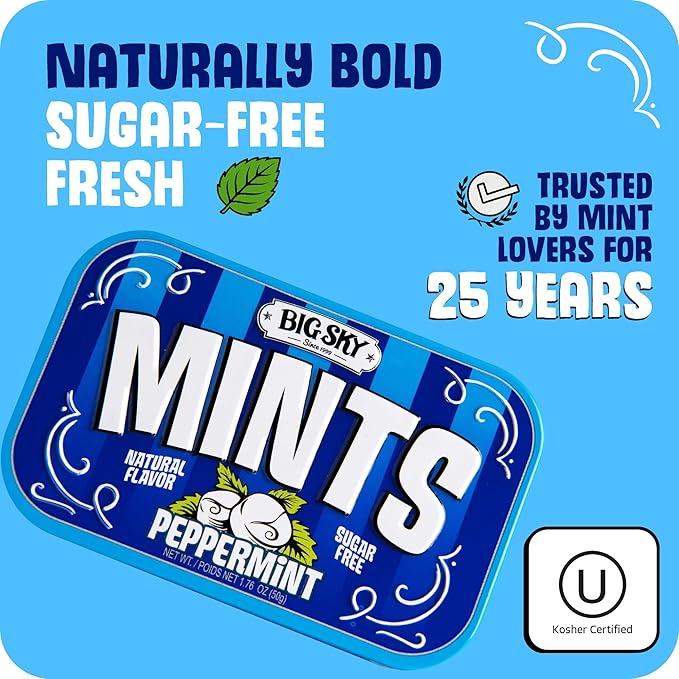 Big Sky Sugar Free Peppermint Mints - 50 Count Tin (Pack of 6) | Kosher Certified, Vegan Peppermint Candy | Aspartame & Gluten Free | Natural Breath Mints for Travel & Sharing, Long Lasting Freshness
