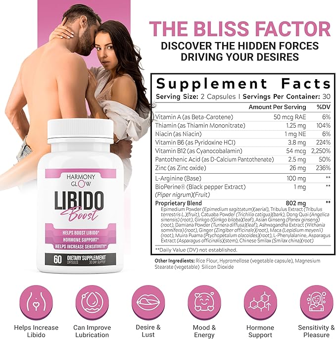 Libido Booster for Women - Desire & Aphrodisiac Support for Adult Women | 14 Research Backed Ingredients to Support Female Wellness | Heighten Pleasure, Improve Mood, Hormone Support - 60 Capsules