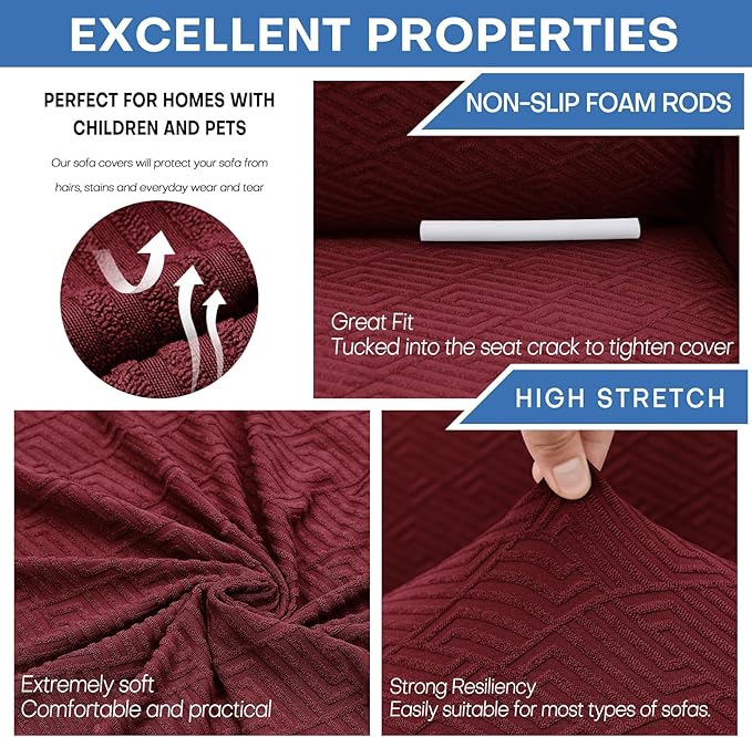 XINEAGE 2026 New 1 Piece Couch Covers for 2 Cushion (55"-69") Stretch Loveseat Sofa Cover Slipcover Jacquard Universal Furniture Protector with Elastic Bottom for Kids,Dog (Loveseat, Wine Red)