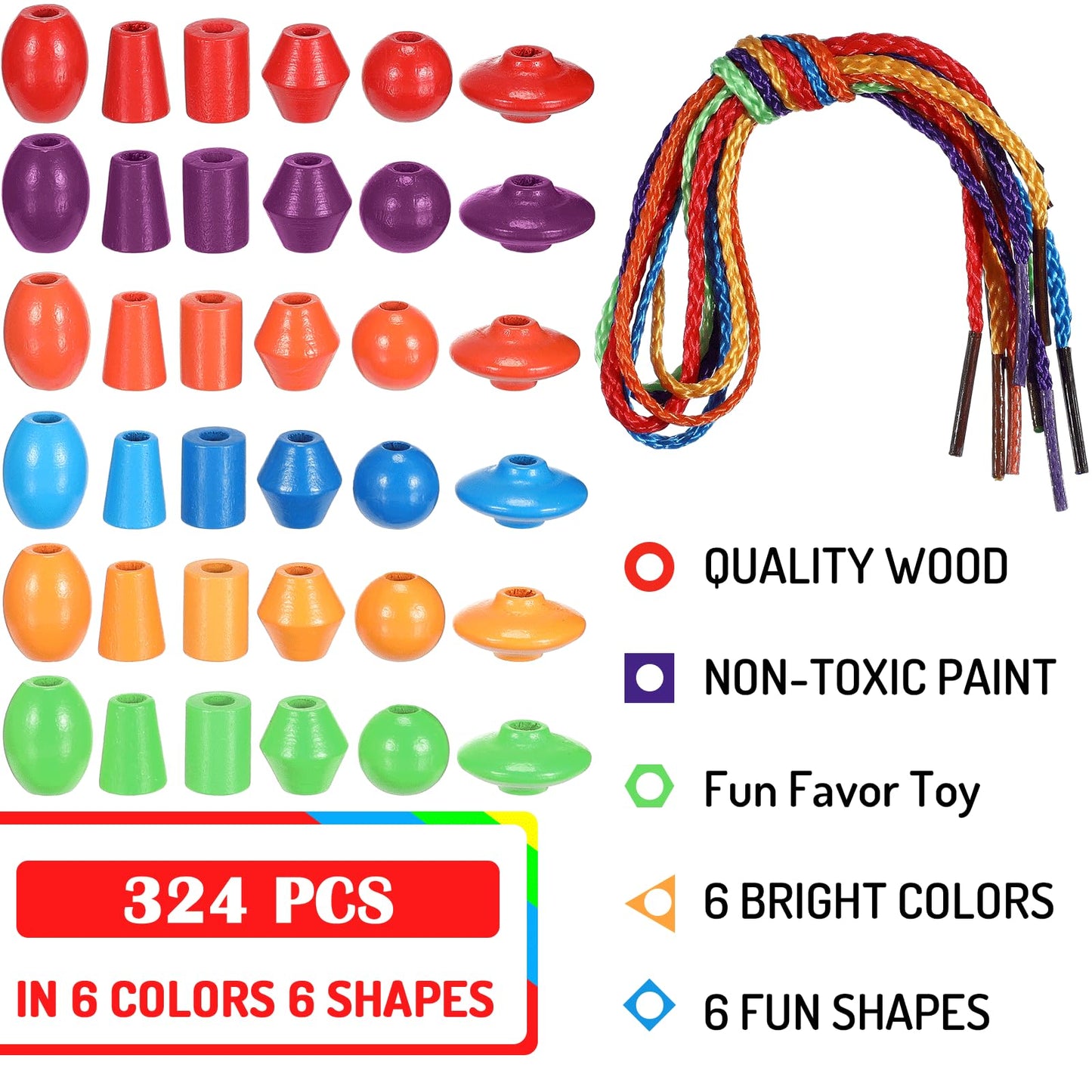 Shappy 324 Pcs Wooden Lacing Beads for Wooden String Beads Threading Toys Montessori Lacing Toys Fine Motor Skills Developmental Educational Plaything Sensory Occupational Therapy Activities Autism OT